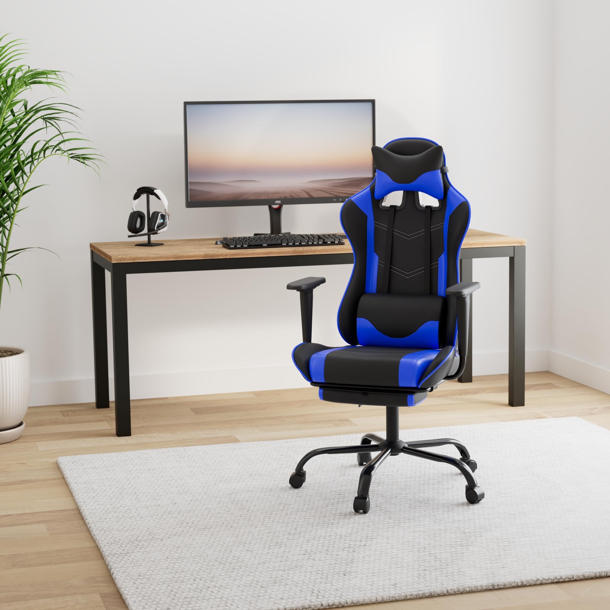 Bestoffice Gaming Chair With Footrest,Ergonomic Office Chair,Adjustable Swivel Desk Chair,Reclining Computer Lumbar Support And Headrest,Racing Style Video Gamer (Blue)