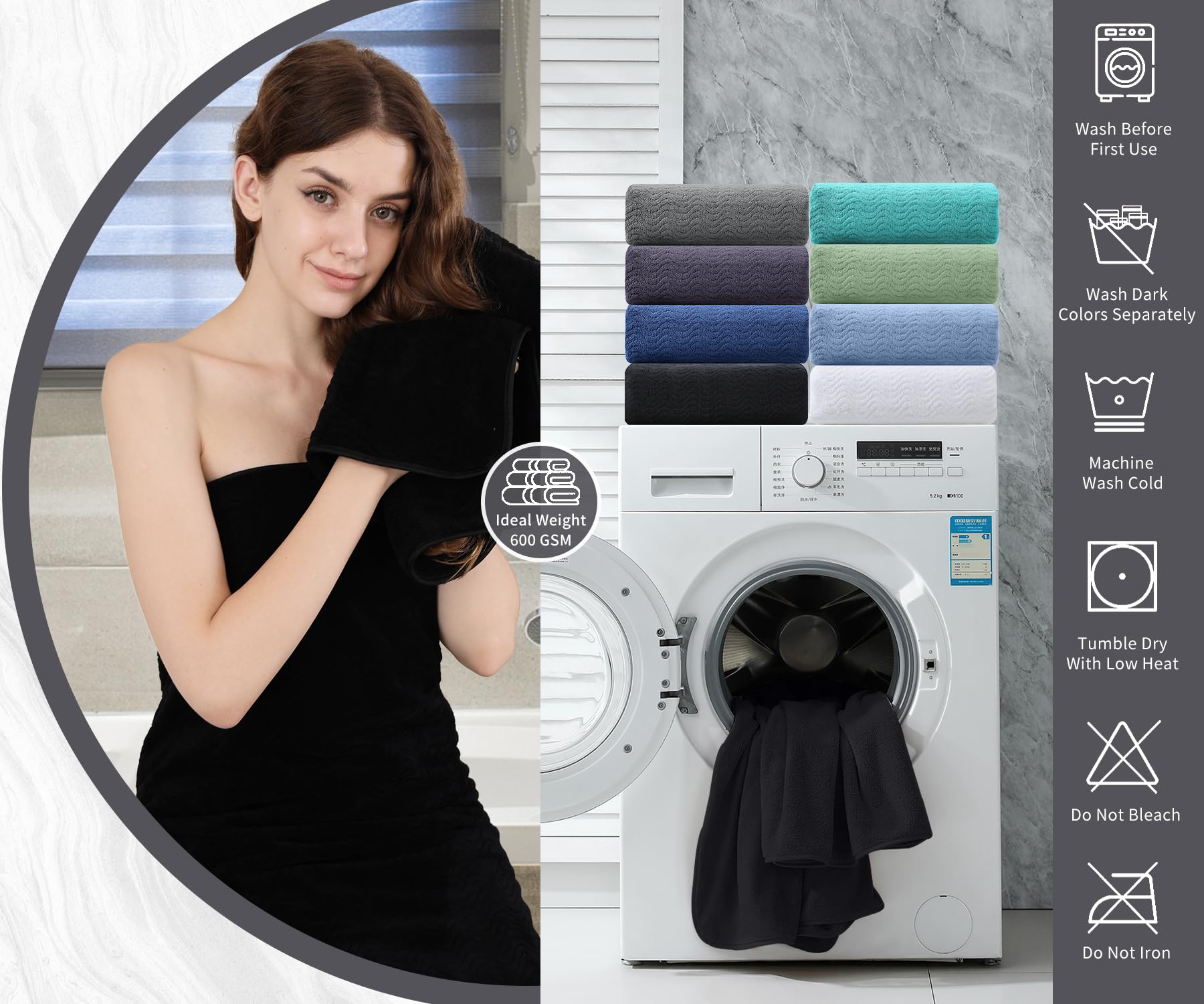 Jessy Home Black 8 Piece Bath Towel Set |2 Oversized Large Bath Sheet,2 Hand Towels,4 Washcloths| Soft Luxury Towel Set For Bath