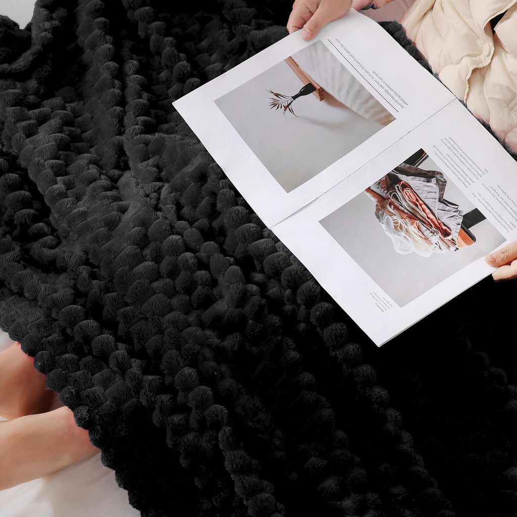 Puncuntex Black Throw Blanket 90''  90'' Inches Fuzzy 3D Jacquard Decorative Flannel Fleece Super Soft Plush Cozy Blanket For Co