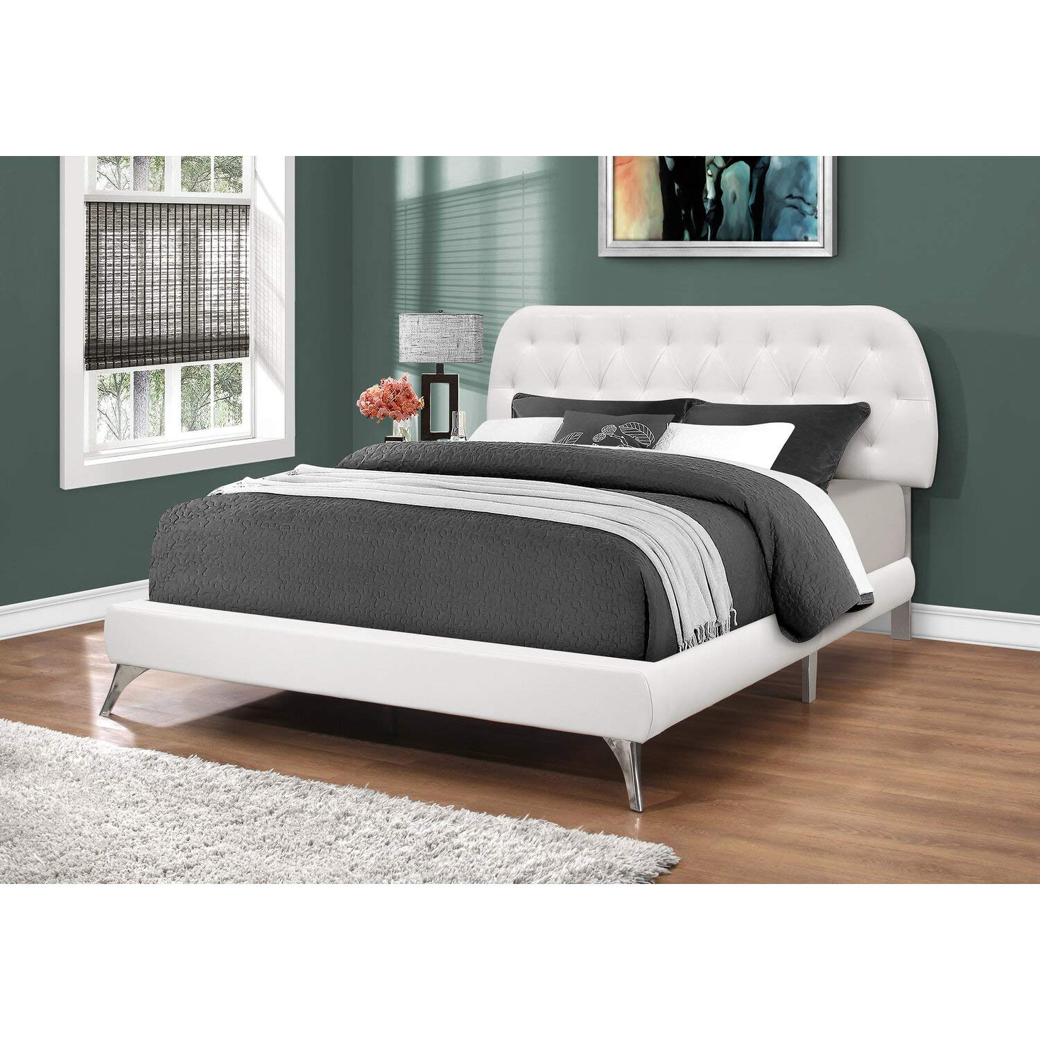 Monarch Specialties Queen Size/White Leather-Look With Chrome Legs BED