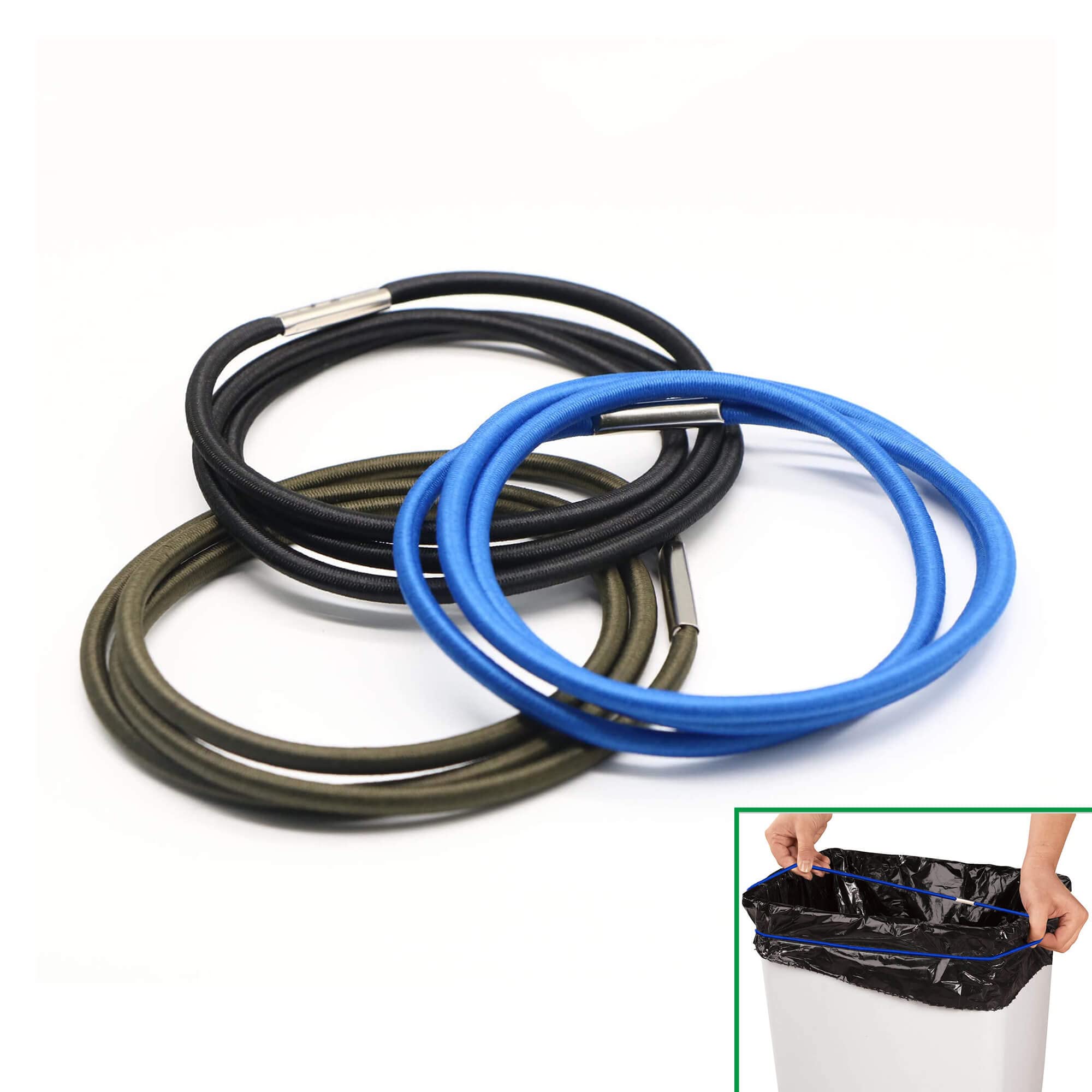 Trash Can Rubber Bands Set of 3, Black, Blue, Olive Green, Fits 13 to 30 Gallon Trash Cans, Hongmed Garbage Can Elastic Bands, D