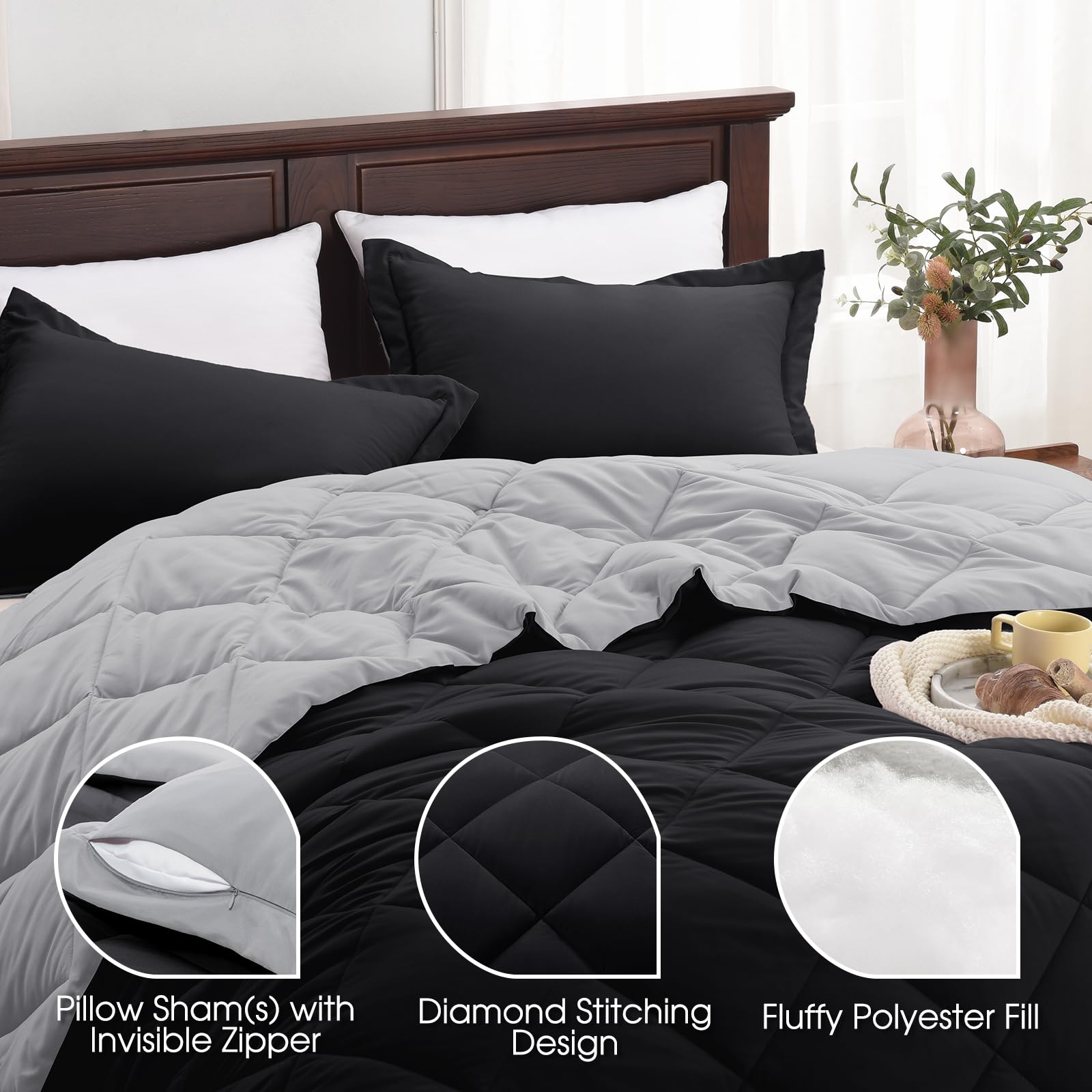 Basic Beyond California King Comforter Set Reversible Cal King Comforter Set, Black Comforter Set California King For All Seasons, 1 Comforter 106'X92' And 2 Pillow Shams 20'X36'+2'