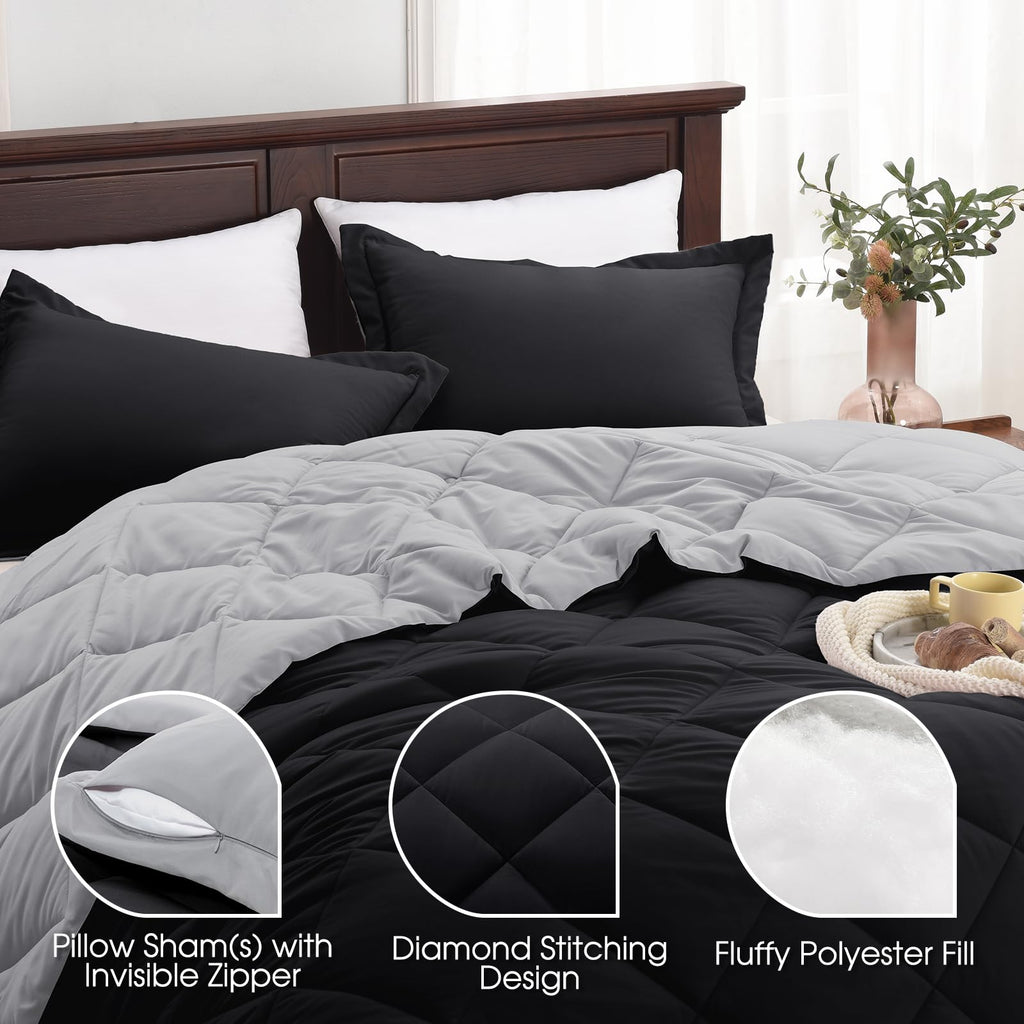 Basic Beyond Full Size Comforter Set - Black And Grey Comforter Set Full, Reversible Comforter Full Size Set, 1 Comforter (82'X92') And 2 Pillow Shams (20'X26'+2')