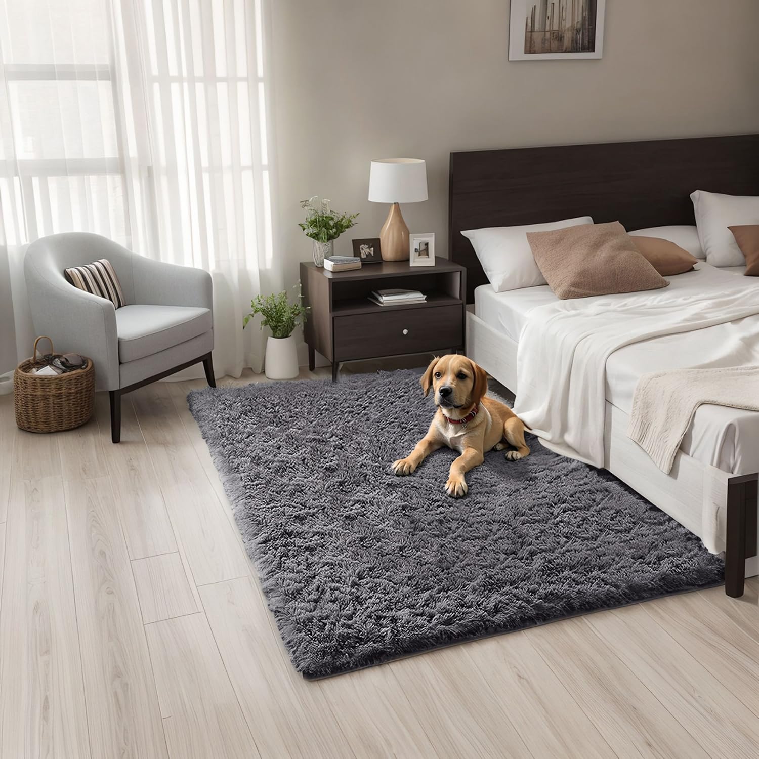 Poboton Small Throw Rugs for Bedroom, 3x5 Non Slip Mini Area Rug, Fluffy Washable Rug, Affordable Fluffy Grey Carpet, Door Entry