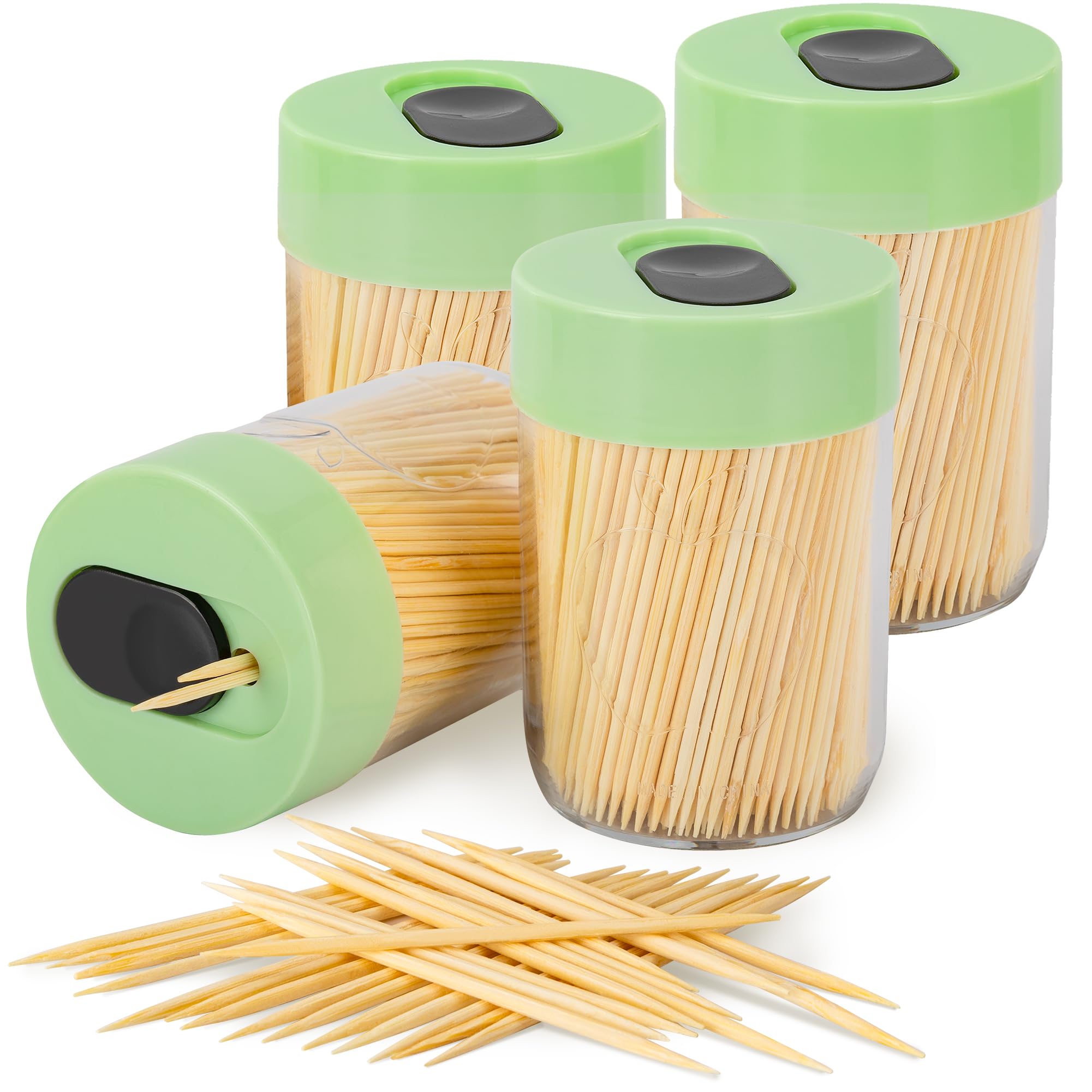 Urbanstrive 4 Pack 1600 Count Premium Bamboo Toothpicks in Toothpick Holder Dispenser for for Teeth Cleaning, Appetizer, Olive, 