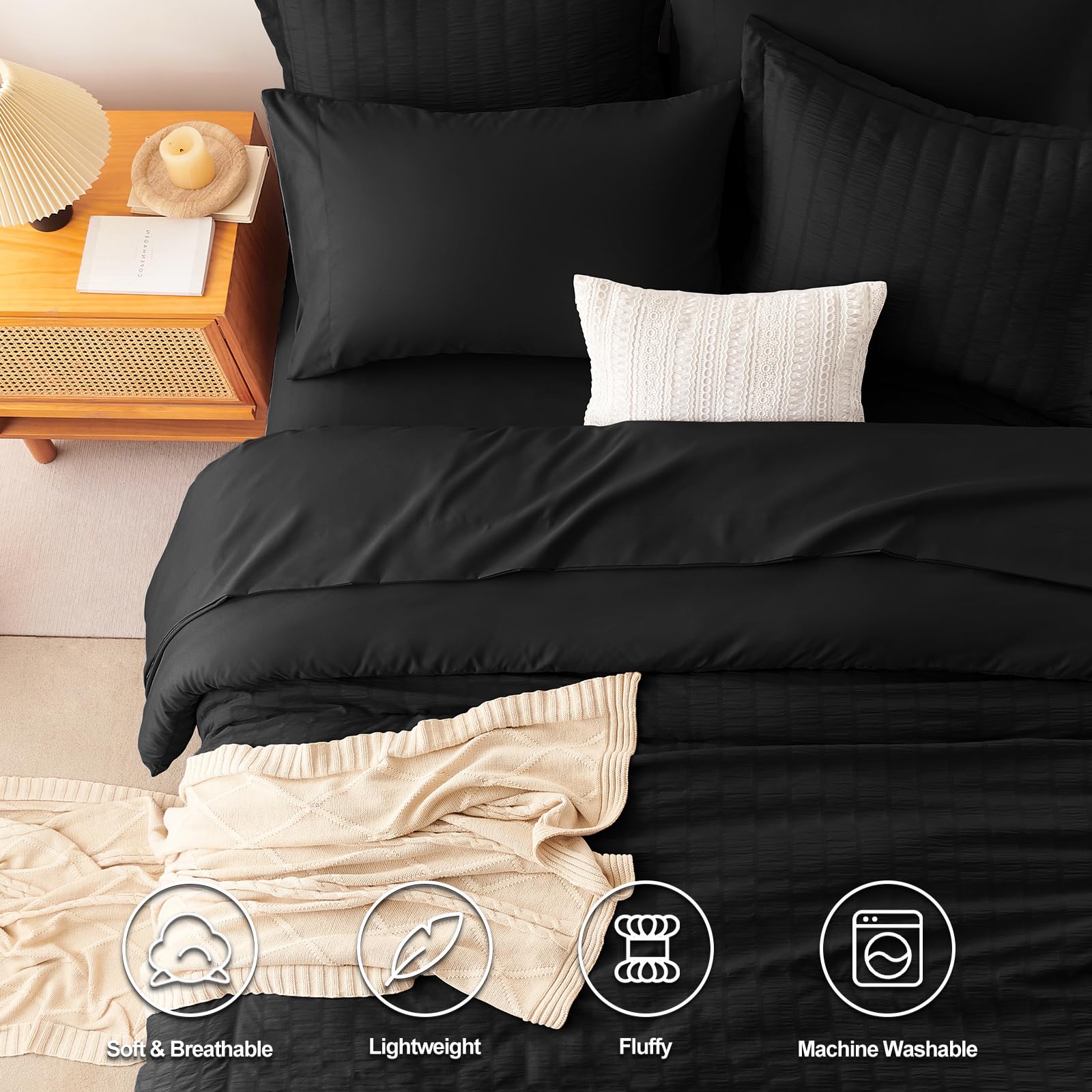 Cozylux King Seersucker Comforter Set With Black Bed In A Bag 7-Pieces All Season Bedding With Comforter, Pillow Sham, Flat Sheet, Fitted Sheet, Pillowcase