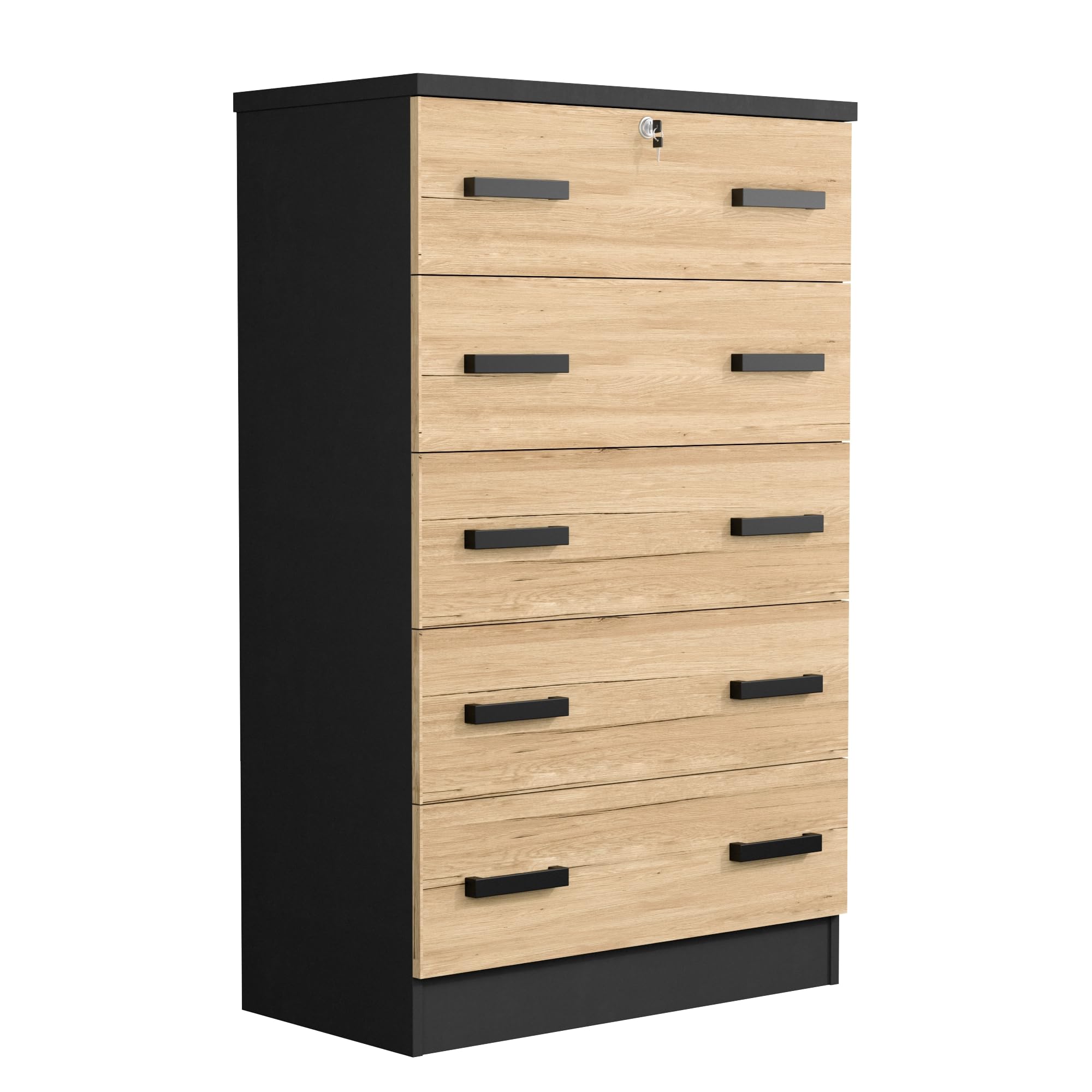 Cindy 5 Drawer Chest Wooden Dresser with Lock (Dark Grey & Natural Oak)