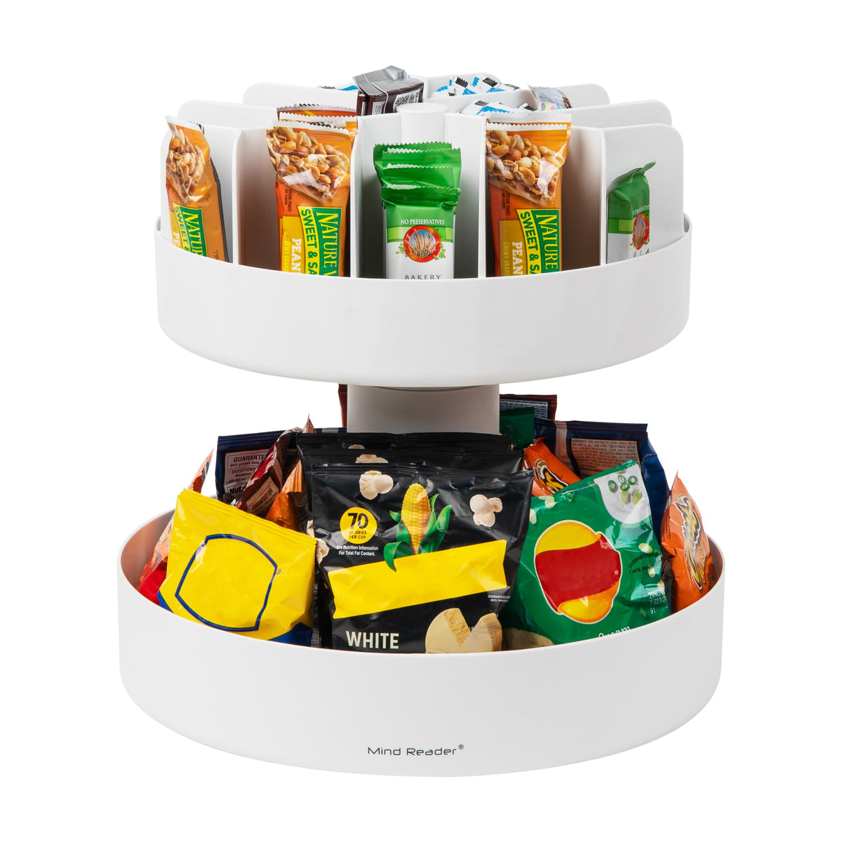 Mind Reader 2-Tier Snack Carousel, Countertop Organizer, Snack Tray, Breakroom, Kitchen, 14.25'L x 14.25'W x 14'H, White