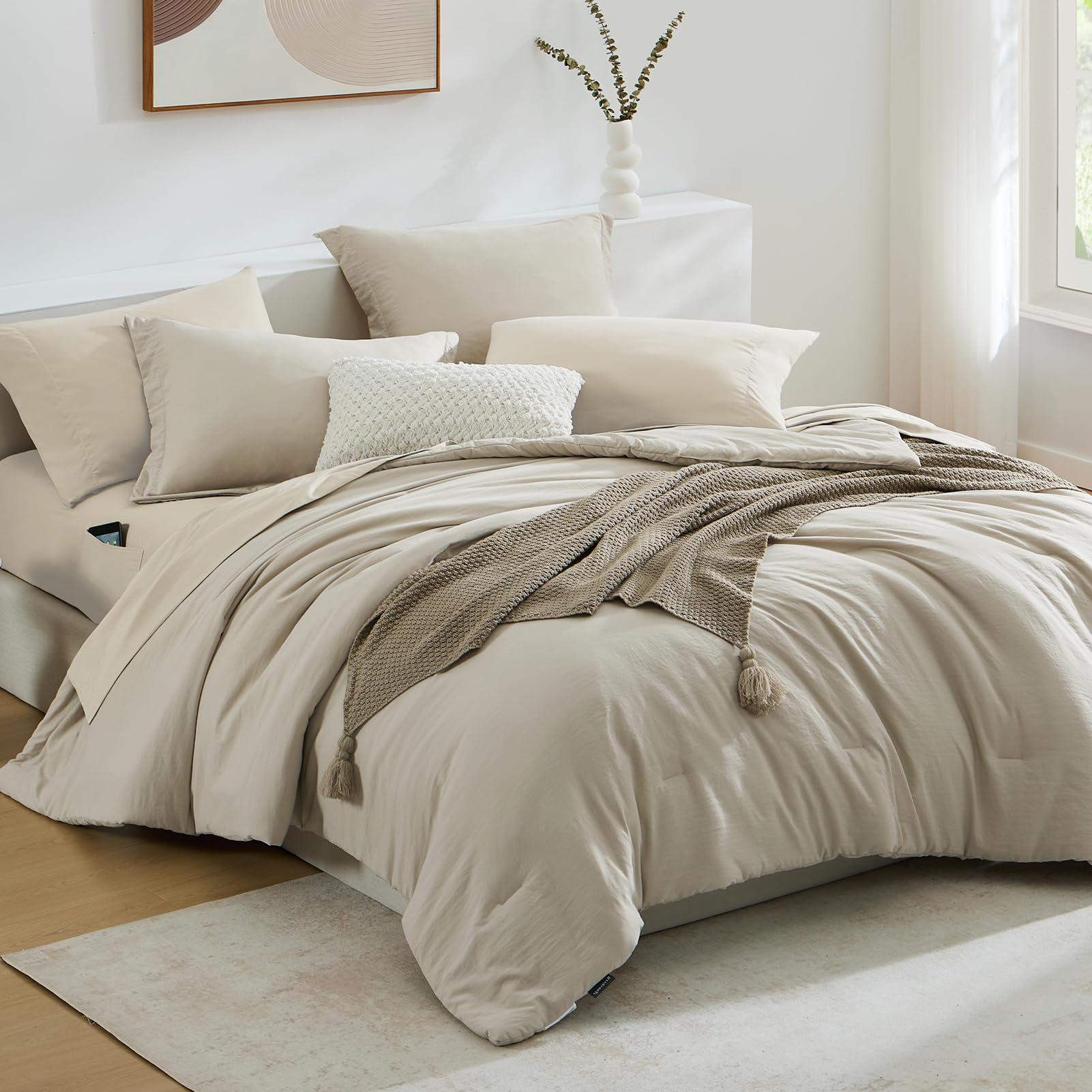 Wrensonge Light Oatmeal King Comforter Set, 7 Pieces Soft Microfiber King Size Comforter With Fitted Sheet, Flat Sheet, 2 Pillow
