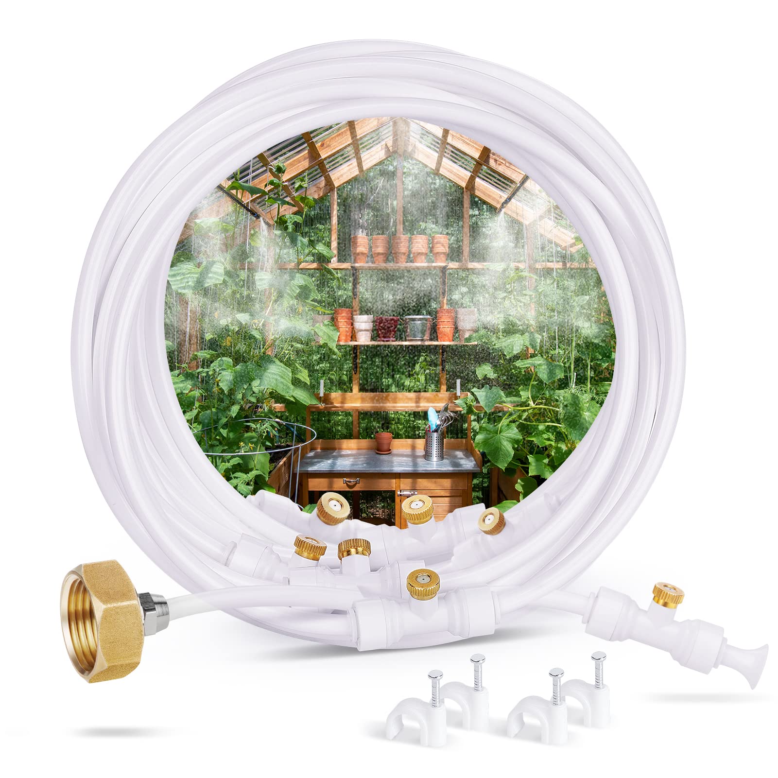 Homenote Misting Cooling System 26.3Ft (8M) Misting Line + 7 Brass Mist Nozzles + Brass Adapter(3/4') Patio Mister For Cooling