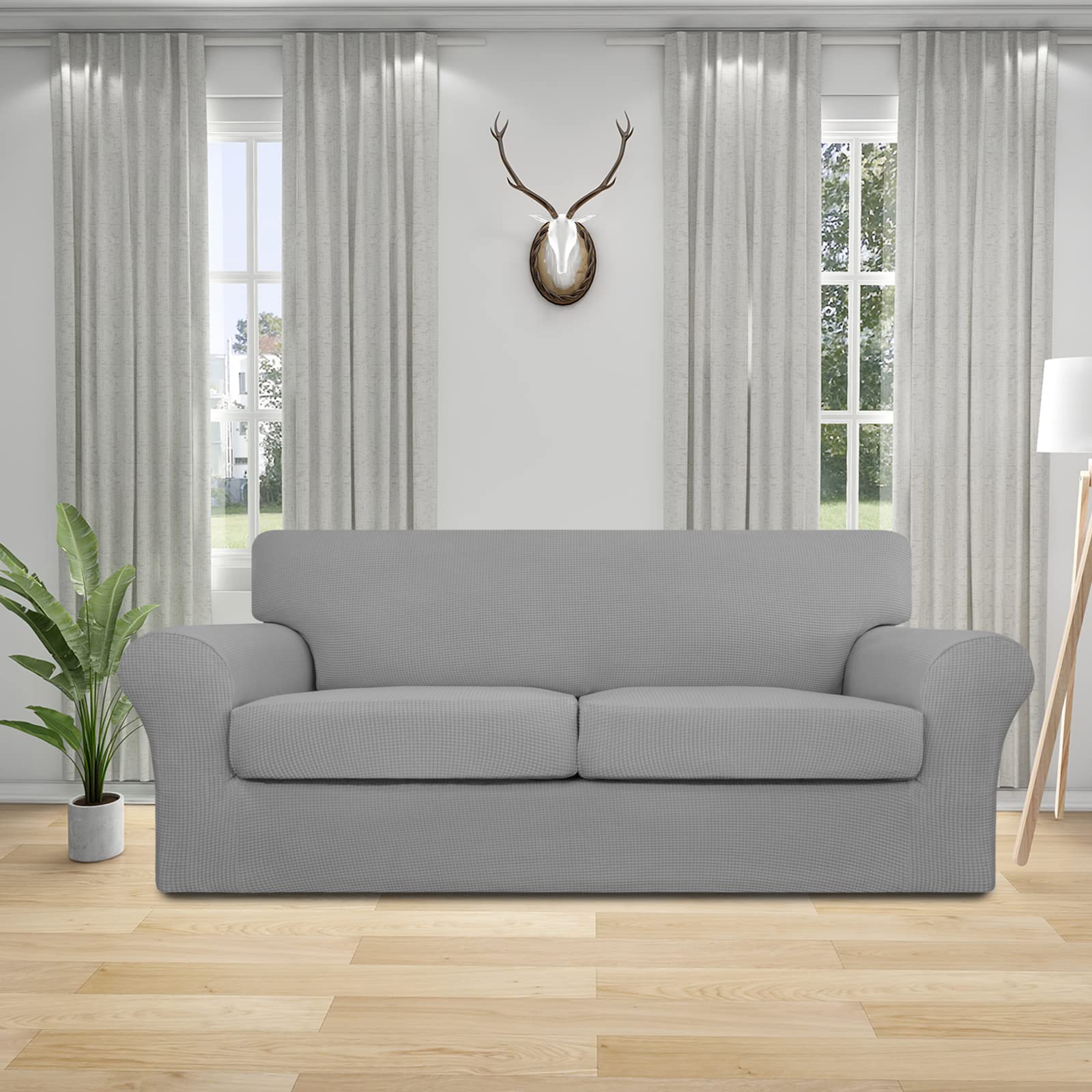 Easy-Going 3 Pieces Stretch Oversized Loveseat Couch Cover For 2 Cushion Couch Sofa Cover For Dogs Washable Sofa Slipcover Elastic Furniture Protector For Pets (Light Gray, Oversized Loveseat)