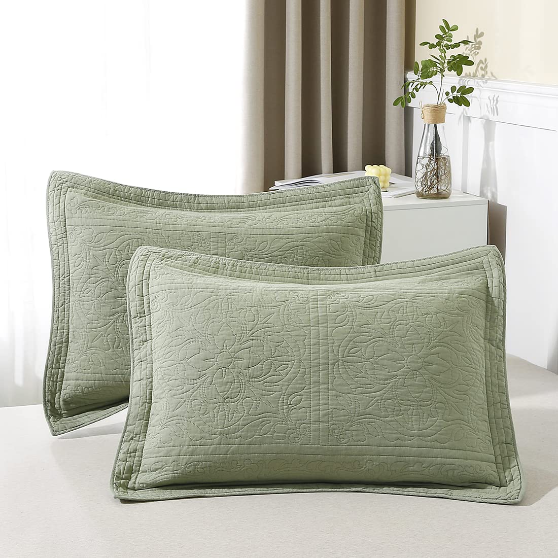 Winlife 100% Cotton Quilted Pillow Sham Floral Printed Pillow Cover King Size, Set Of 2, Green
