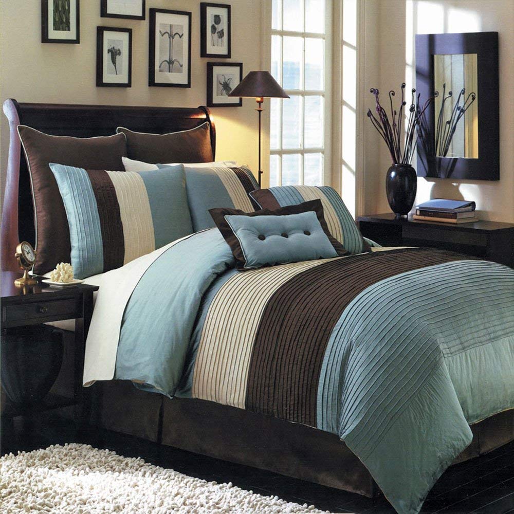 Royal Hotel Bedding Hudson Teal-Blue, Brown, And Cream King Size Luxury 8 Piece Comforter Set Includes Comforter, Bed Skirt, Pil