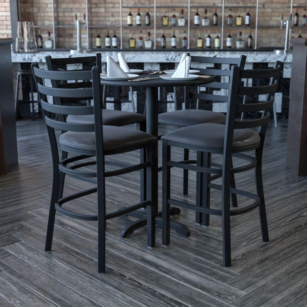 Flash Furniture 30'' Round Black Laminate Table Set with X-Base and 4 Ladder Back Metal Barstools - Black Vinyl Seat