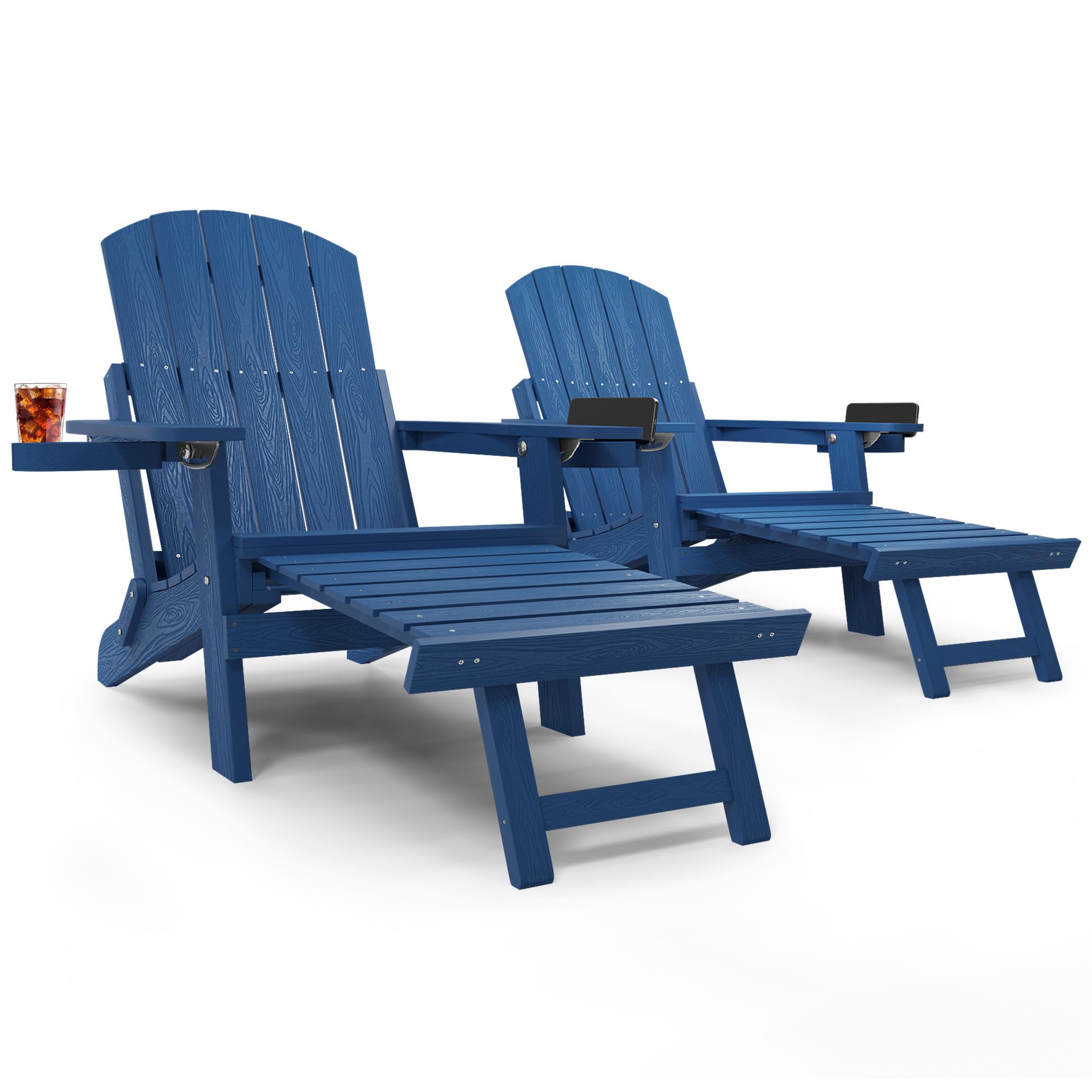 Yefu Adirondack Chair With Ottoman Set Of 2, Adjustable Backrest Adirondack Chairs, Folding Outdoor Fire Pit Chair With 2 Cup-Holders, Weather Resistant For Patio Lawn Garden Pool, 380Lbs (Navy Blue)