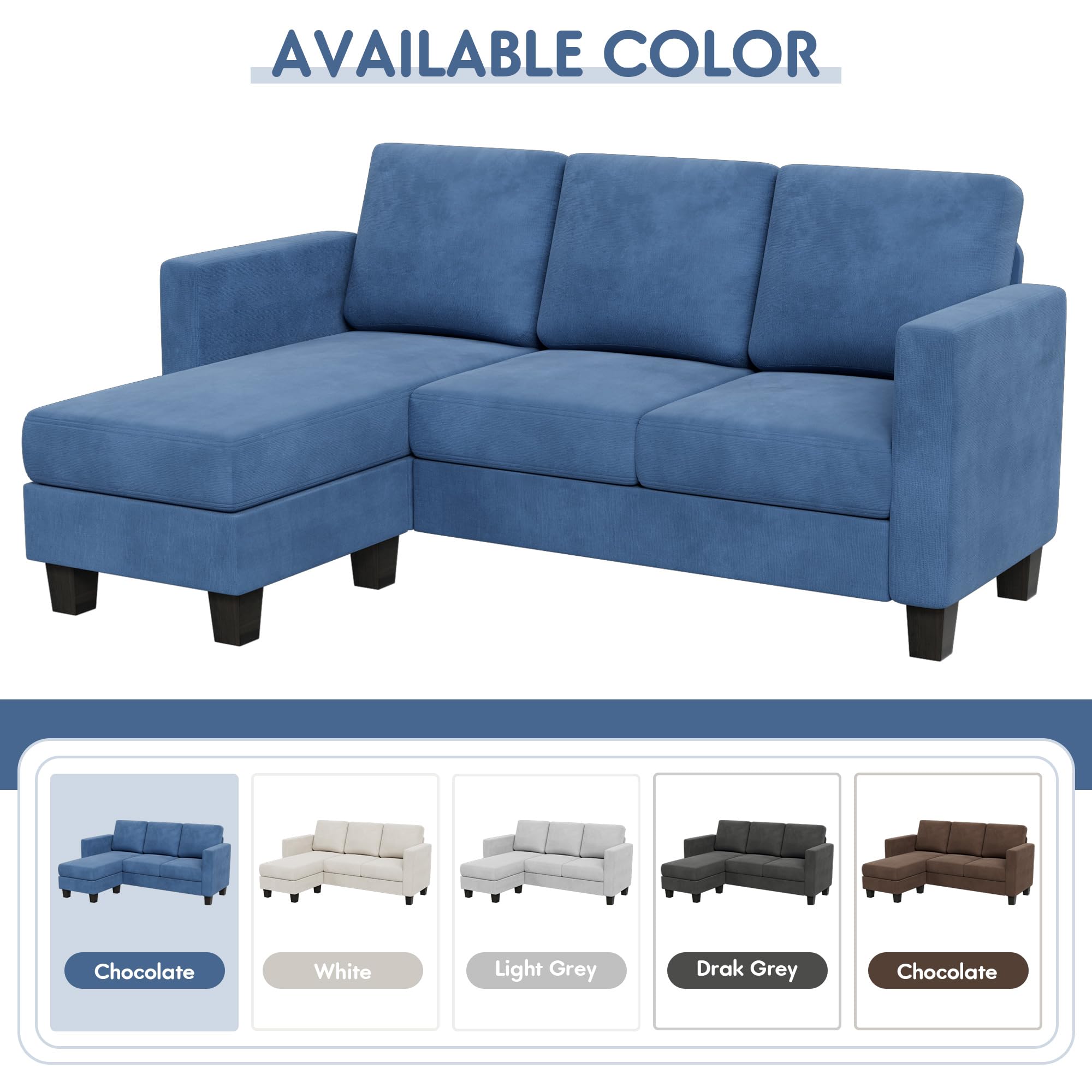 Yeshomy Convertible Sectional 3 L-Shaped Couch Soft Seat With Modern Linen Fabric, Small Space Sofas For Living Room, Apartment And Office, 70'', Blue