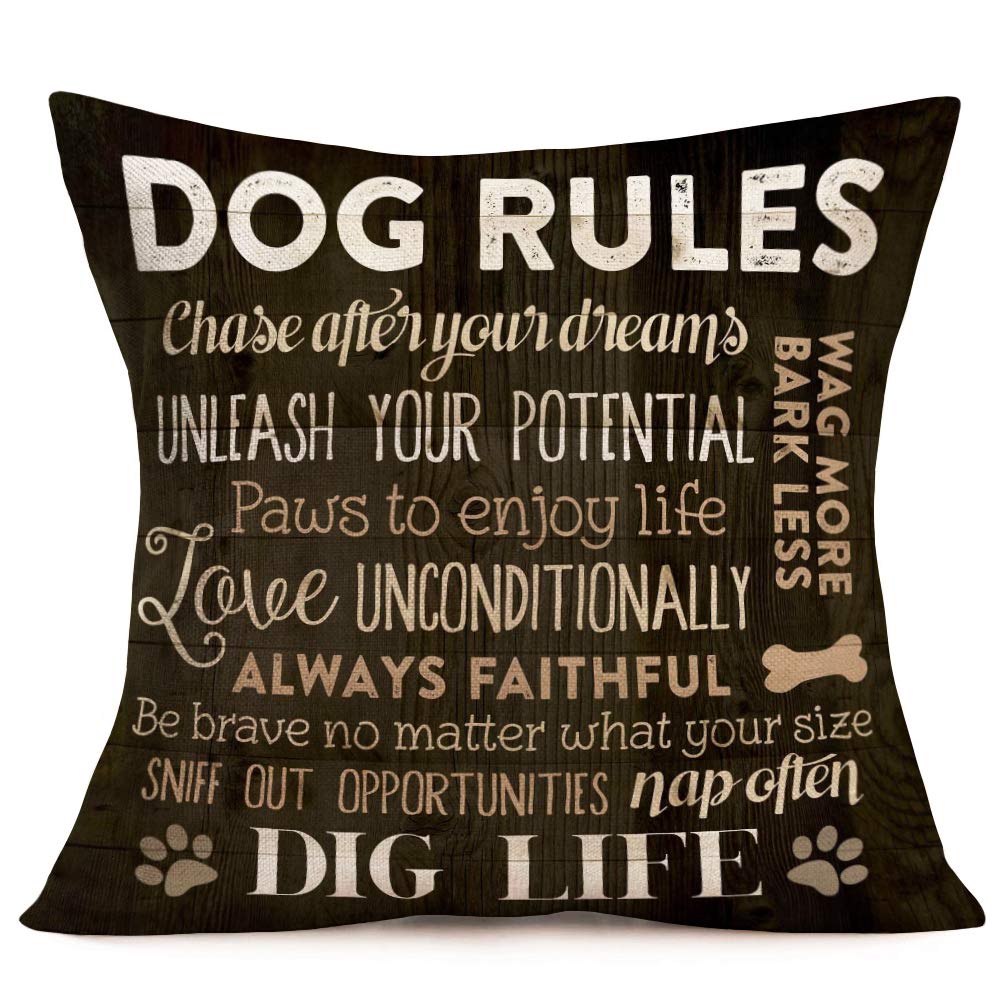 Tlovudori Cotton Linen Throw Pillow Covers Cushion Cover Vintage Wood Dog Rules Chase After Your Dreams Dig Life Paw Pillowcase