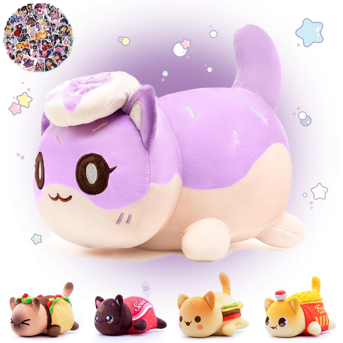 KOWSI 61PCS 11 inches Donut Cat Plush + 60Sticker Meemeows Cute Food Cat Plush Collection 100% Polyester Plushie Pillow Embroide