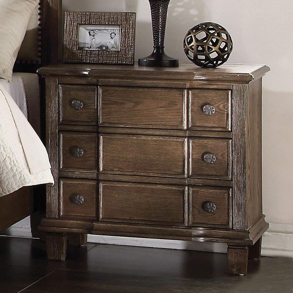 Acme Baudouin 3 Drawer Wooden Nightstand In Weathered Oak