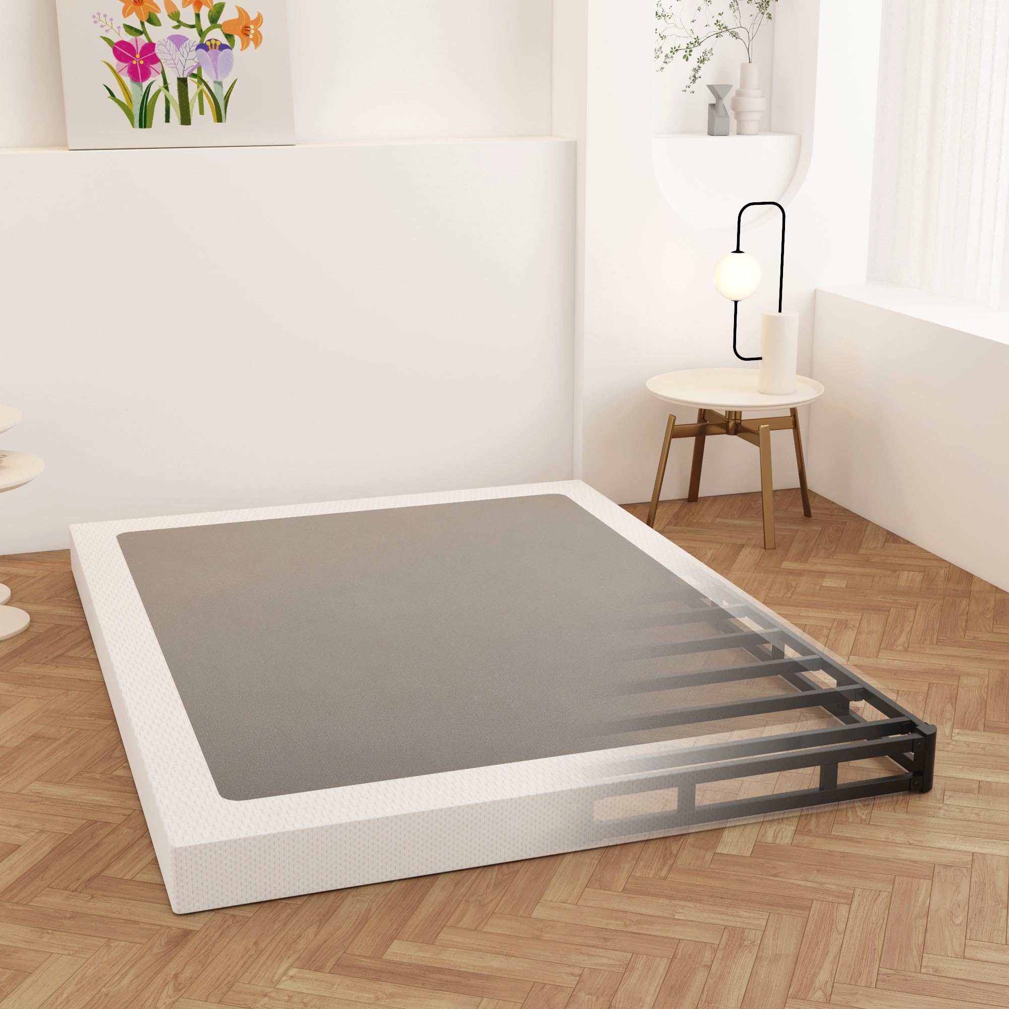 Maenizi Queen Box Spring 4 Inch Low Profile, Heavy Duty Metal Box Spring Bed Base With Fabric Cover, Mattress Foundation, Easy Assembly, Noise Free, Black