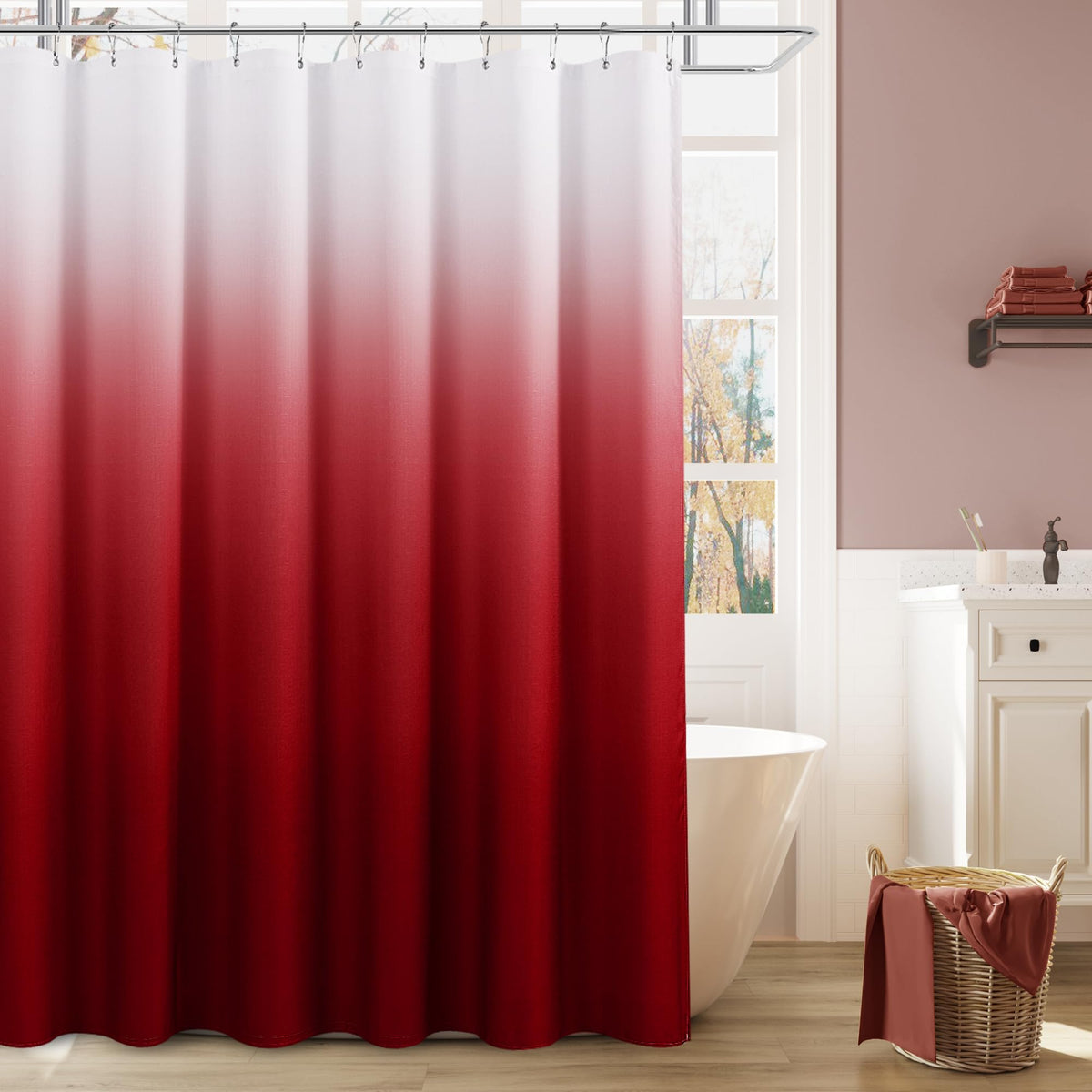 Spwiy Burgundy Ombre Curtains For Bathroom Luxury Hotel Spa, Machine Washable, Decorative Blue Linen Textured Shower Curtain, 72
