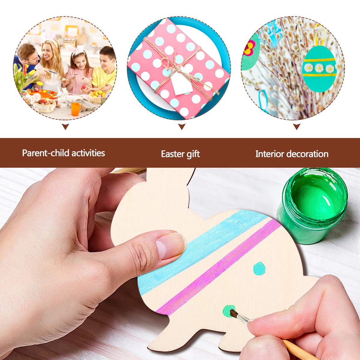 Amosfun Bunny Wooden Slices Easter Party Decorations Unfinished Wood Crafts Cutouts Wooden Easter Rabbit Party Decoration Easter