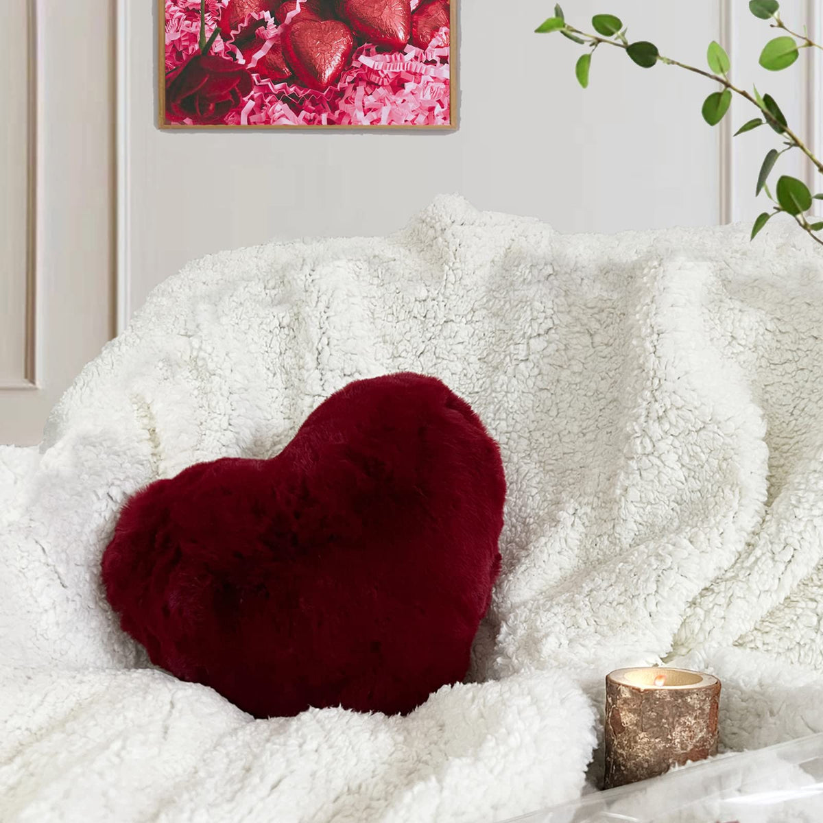 YRXRUS Heart Shaped Pillow, Cute Love Heart Pillow, Small Wine Red Heart Pillows Gifts, Faux Rabbit Fur Love Coquette Room Decor