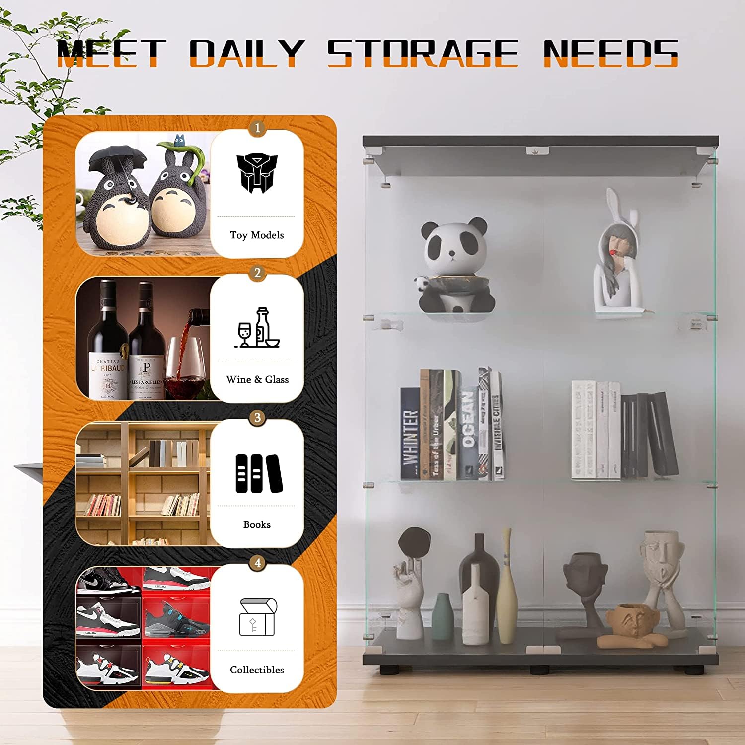 Beauty4U 2-Door Glass Display Cabinet, Black Curio Cabinets For Living Room, Bedroom, Office, Collection Display, Quick Installation In 30 Mins, 3 Shelves Black Floor Standing Glass Bookshelf