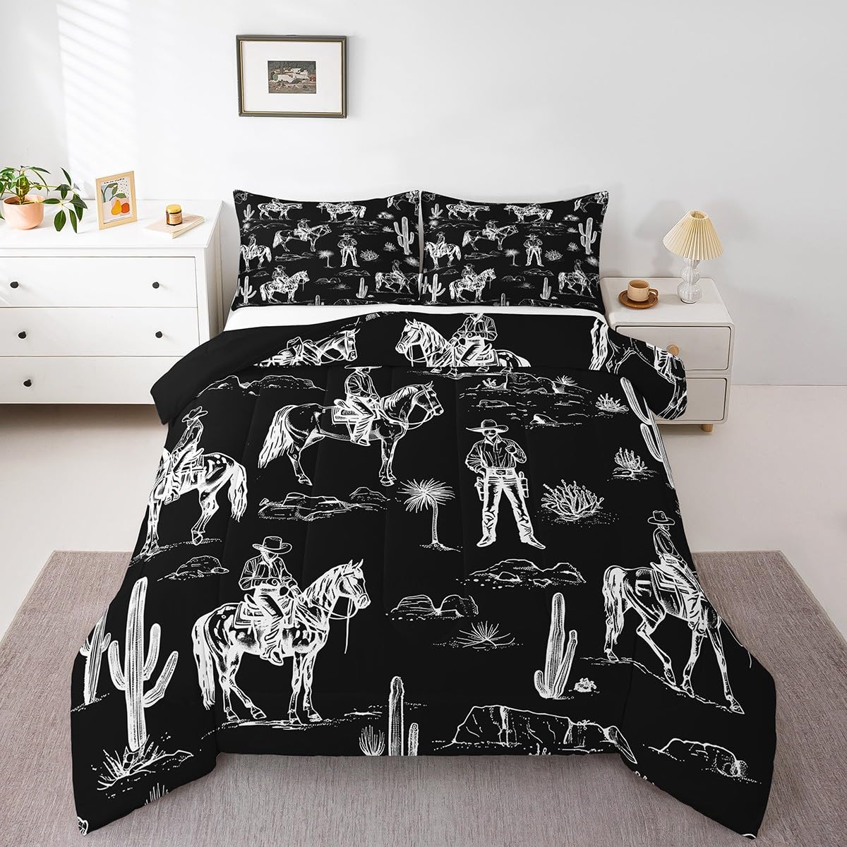 Feelyou Black Western Bedding Set Queen Size Horse Cowboy Comforter Set for Kids Boys Girls Decor Rustic Western Decor Wild West