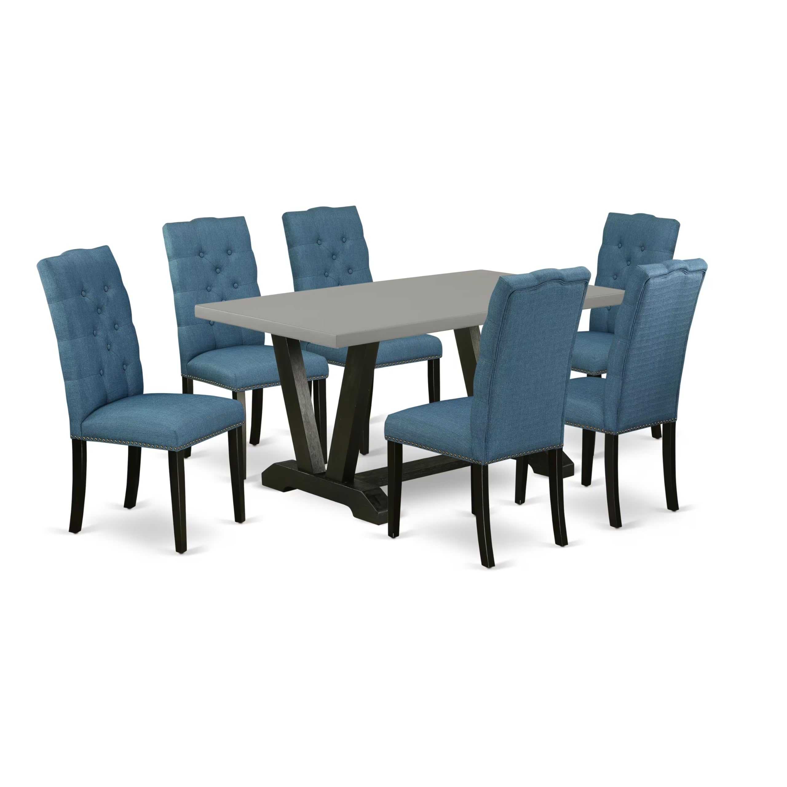 East West Furniture V696El121-7 7 Piece Kitchen Table & Chairs Set Consist Of A Rectangle Dining Room Table With V-Legs And 6 Blue Linen Fabric Parsons Chairs, 36X60 Inch, Multi-Color