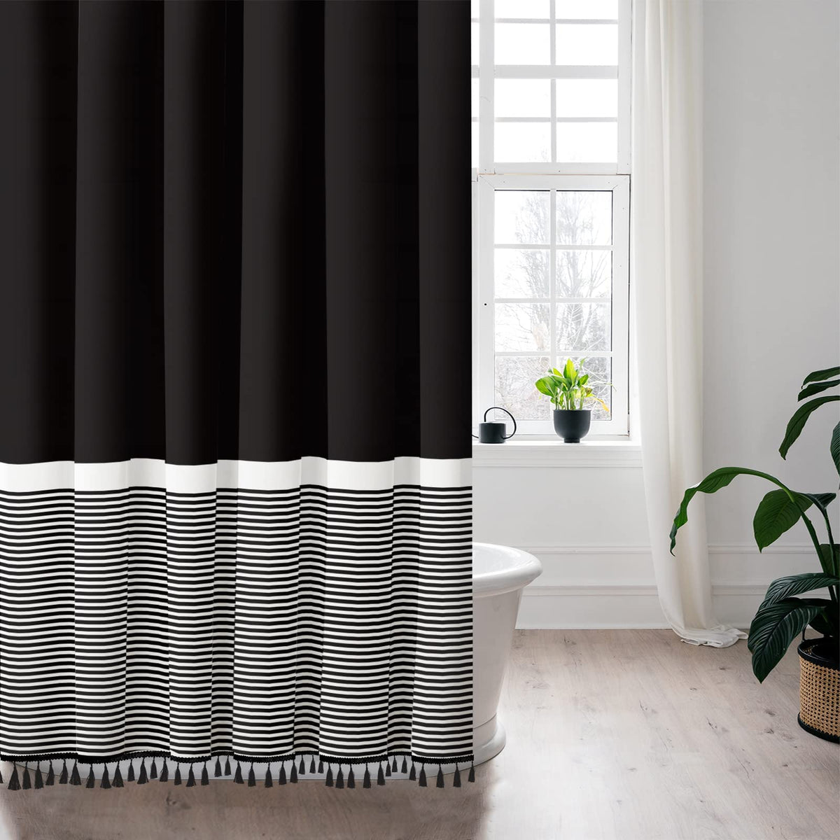 Seasonwood 84 Inch, Black White Striped With Black Tassels Modern Farmhouse Waterproof Cloth Shower Curtain Set