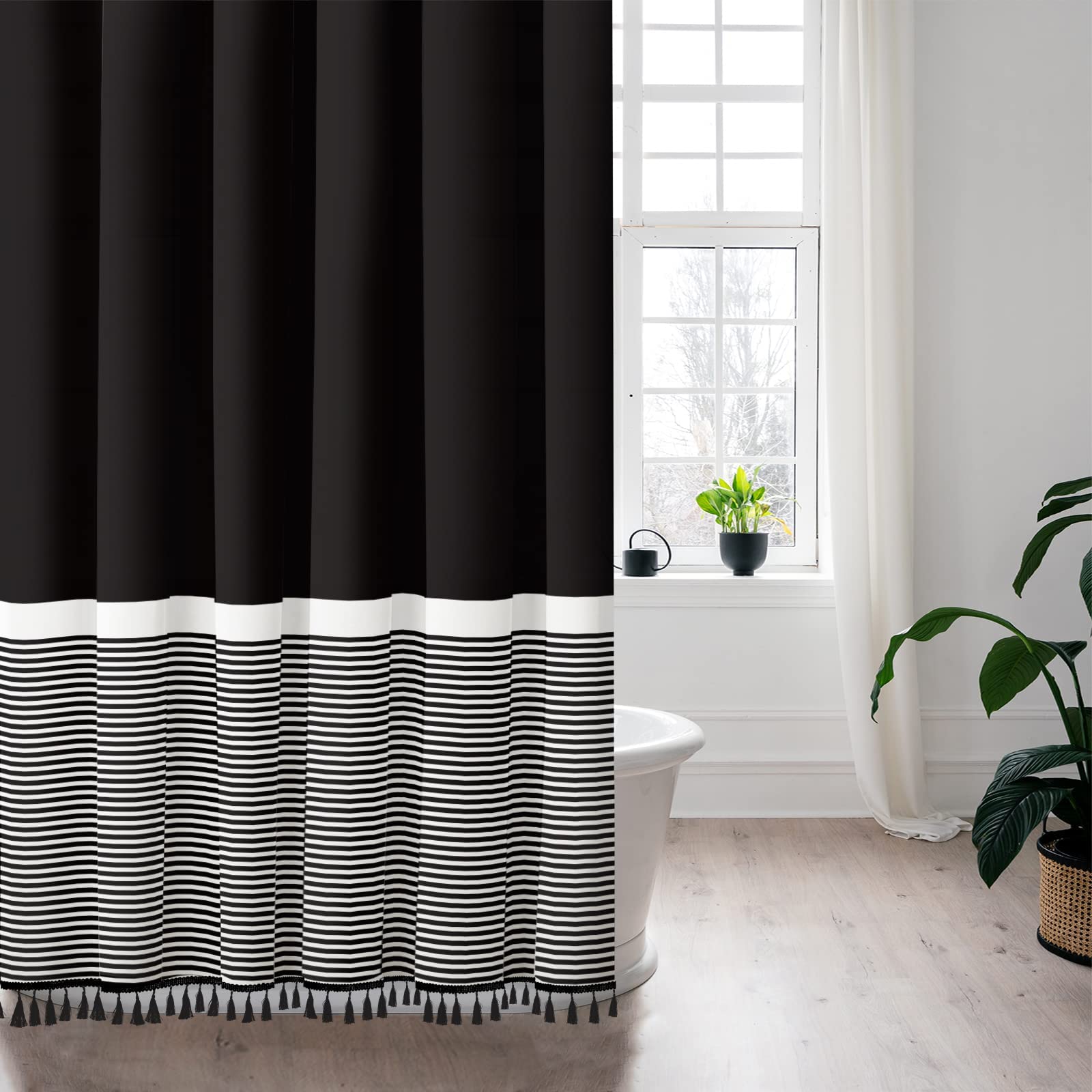 Seasonwood Boho Shower Curtain Black And White Fabric Shower Curtain With Black Tassels Modern Farmhouse Waterproof Shower Curta