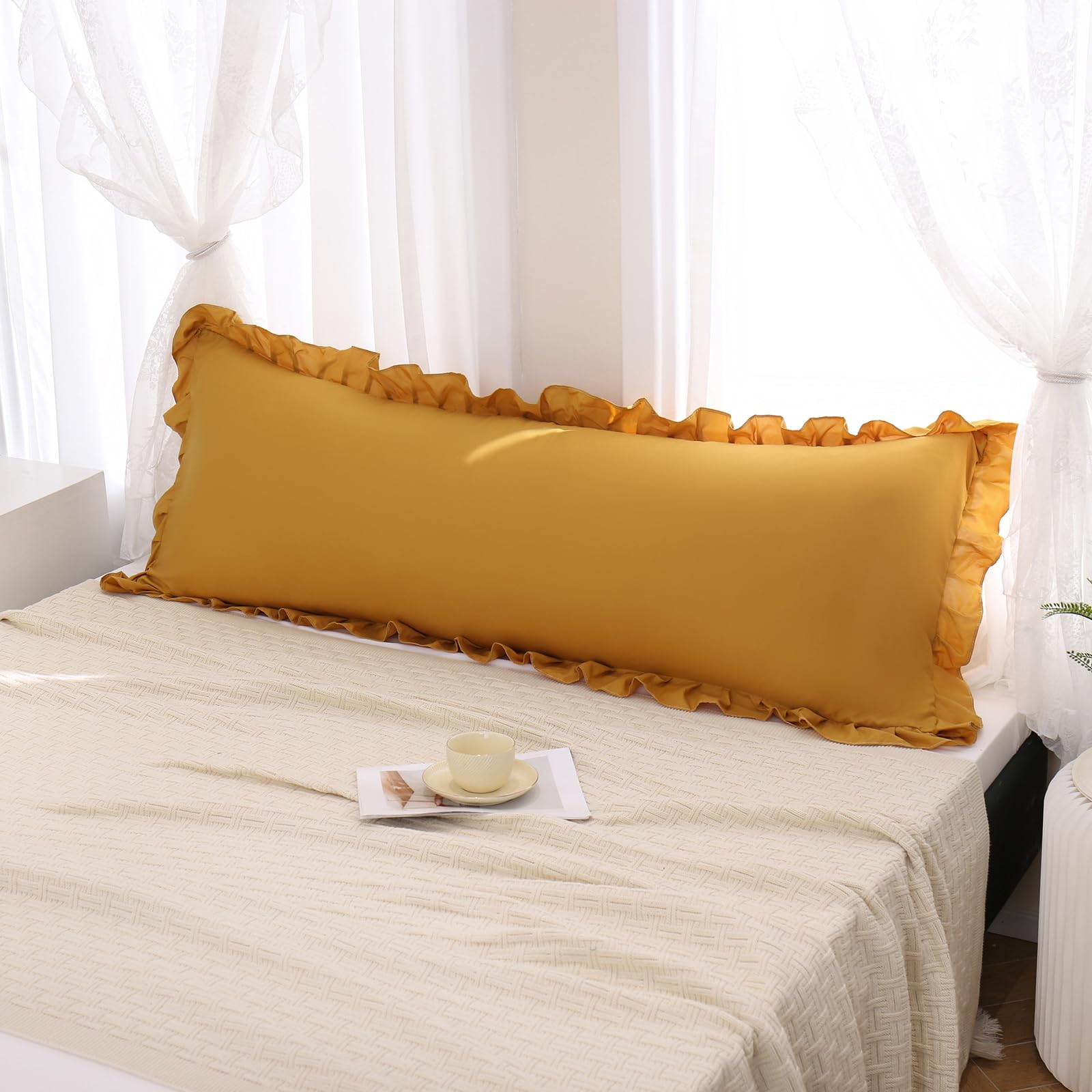 Merryword Mustard Yellow Body Pillow Cover 20X54Inches Long Pillowcase Yellow Ruffled Chic Boho Pillowcases Ruffled Fringe Decor