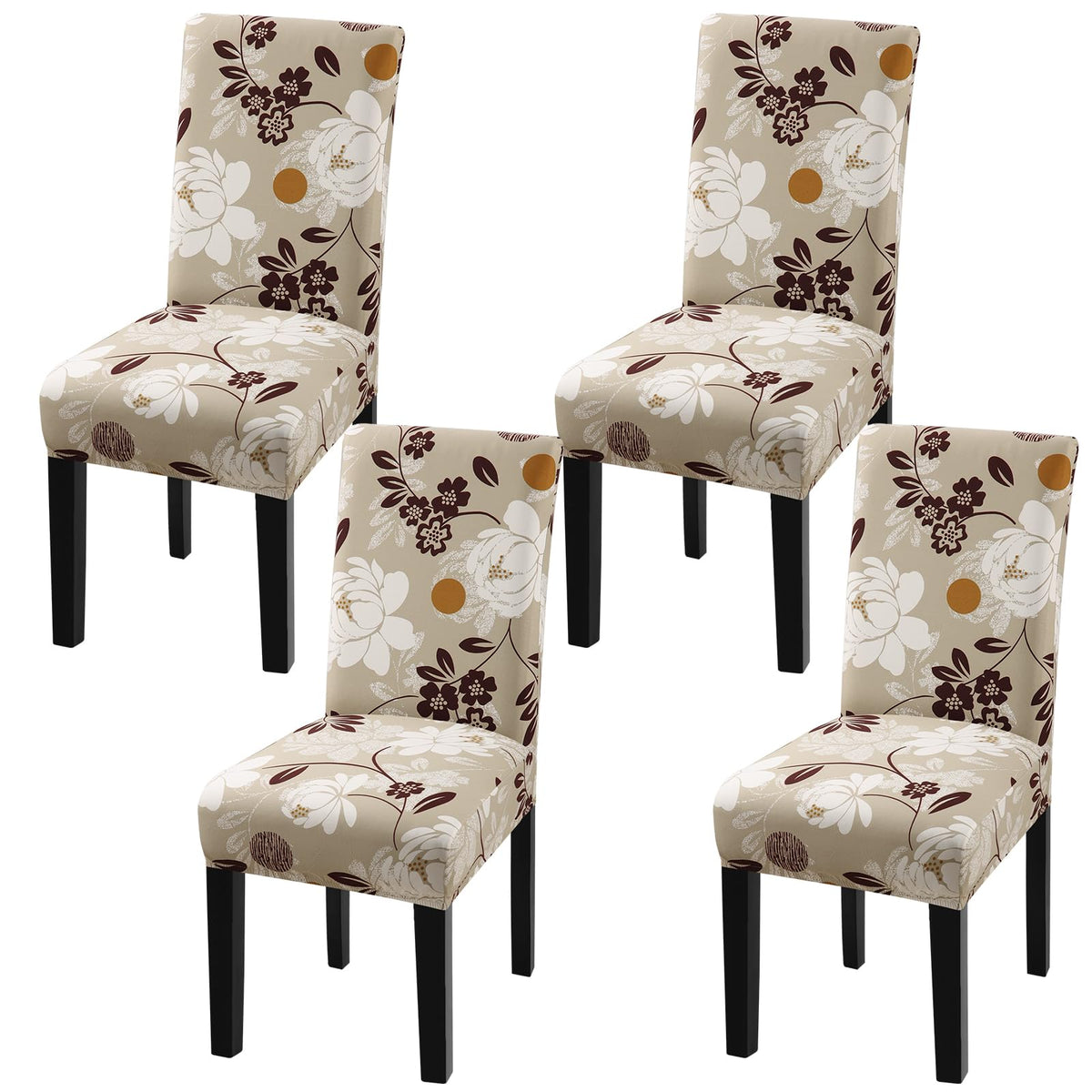 Fuloon Chair Covers For Dining Room 4 Pack, Solid Stretch Dining Chair Covers, Washable Kitchen Slip Covers, Parson Chair Covers Set Of 4 (Taupe Floral, 4 Pack)