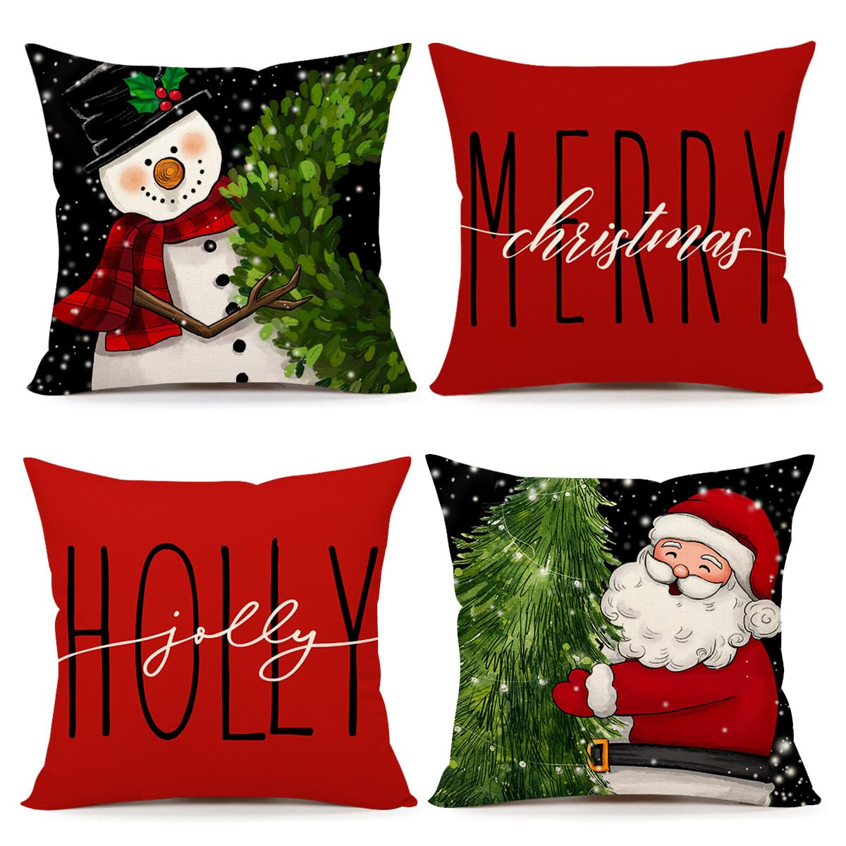 Red Black Christmas Pillow Covers 18X18 Set Of 4 Farmhouse Xmas Decorations Snowman Wreath Santa Claus Tree Merry Christmas Holl