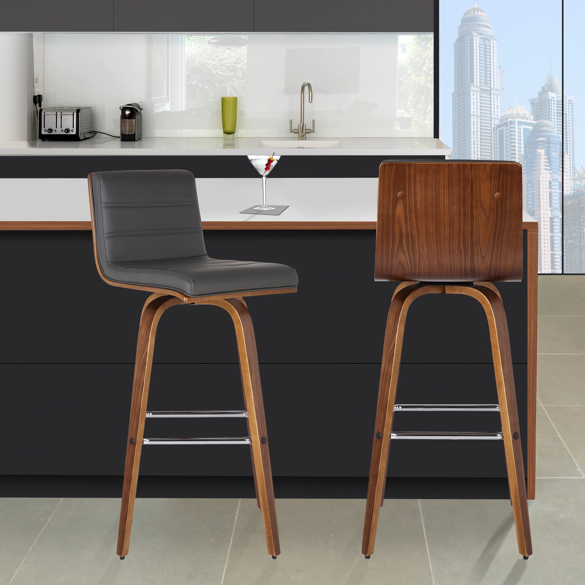 HomeRoots Wood, Faux Leather/Leatherette, Stainless Steel 26â€ Gray Faux Leather Wooden Swivel Bar Stool