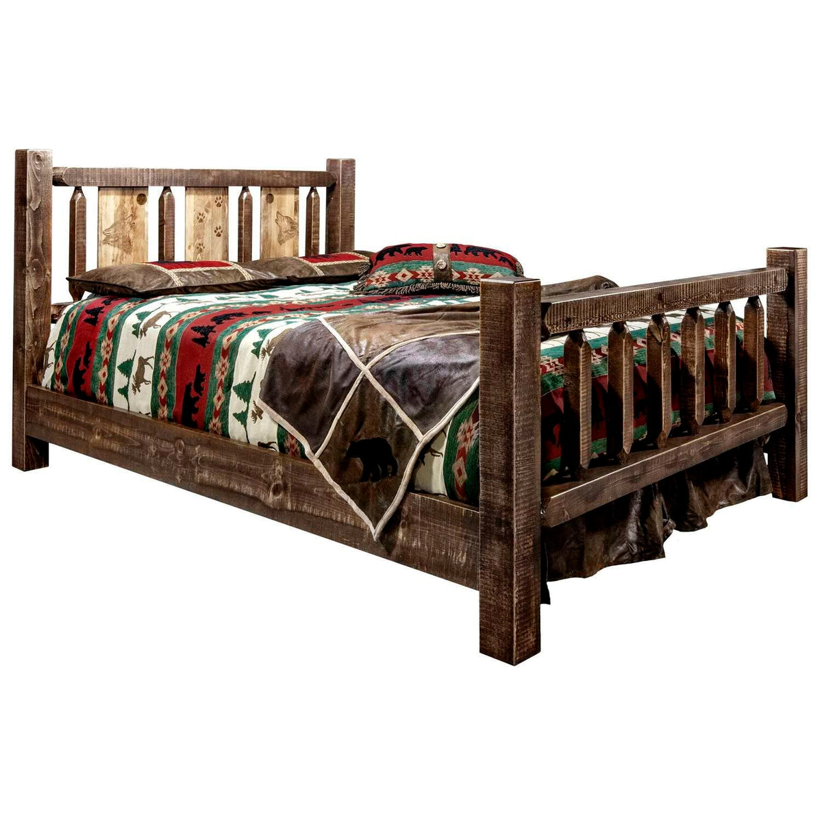 Montana Woodworks Homestead Collection Full Bed w/Laser Engraved Wolf Design, Stain & Clear Lacquer Finish