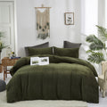 KAREVER Dark Green Velvet Comforter Set Full Army Green Flannel Velvet Bedding Comforter Set All Deep Green 3 PCs Shaggy Soft Wa