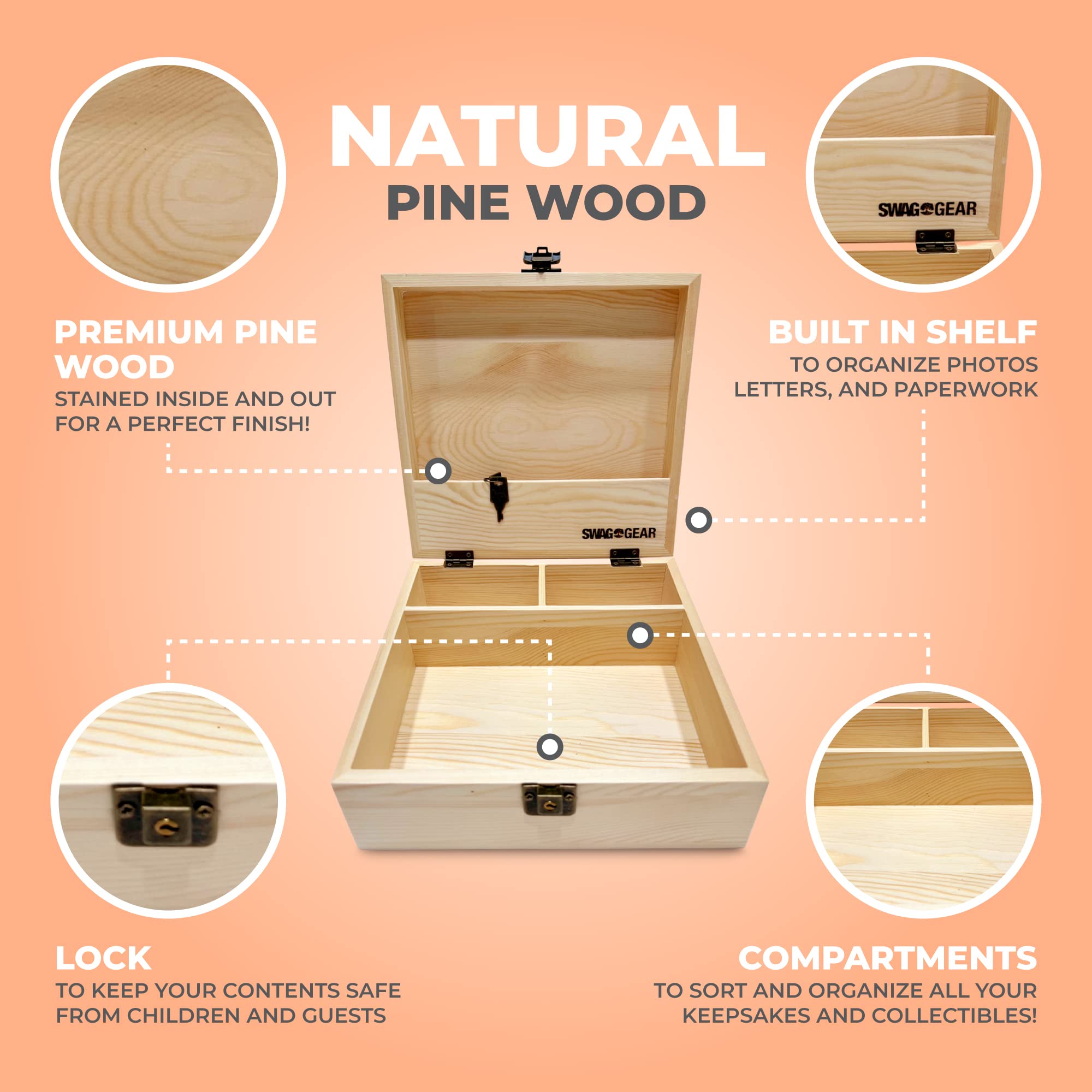 Swag Gear Wooden Keepsake Box With Lock And Storage Compartments Locking Wood Boxes For Keepsakes Jewelry Knick Knacks Art Suppl
