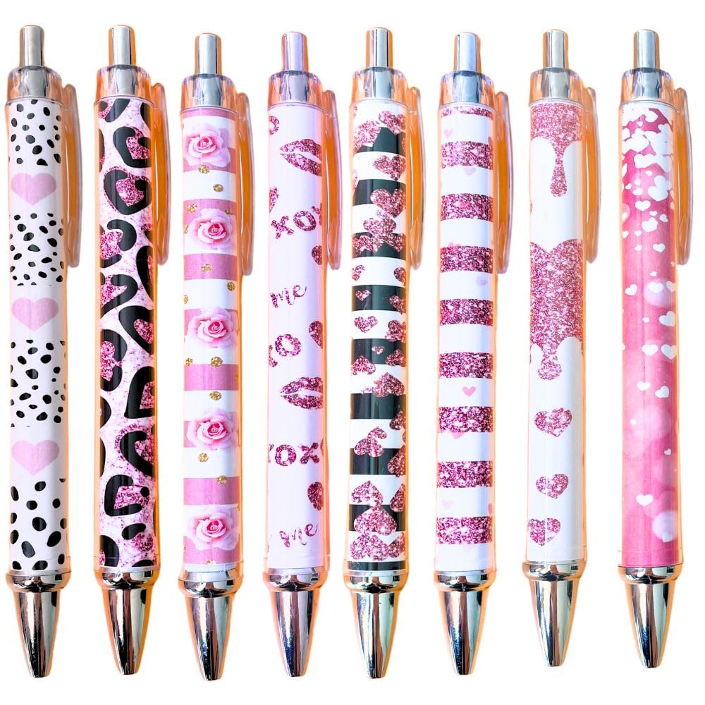 8Pc Heart Pens Cute Red Hearts Shaped Valentines Day Stationary Ink Gel Pen Pink Rose Gold Xoxo Black Leopard Glitter Office Sch