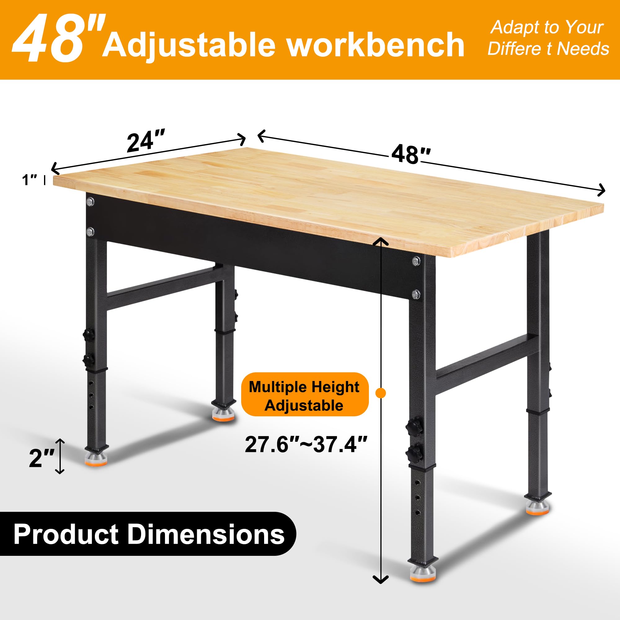 48' Adjustable Work Bench, Rubber Wood Top Workbench Heavy-Duty Work Table, 2000 Lbs Load Capacity Hardwood Work Benches For Garage, Workshop, Home, Office, Easy Assembly