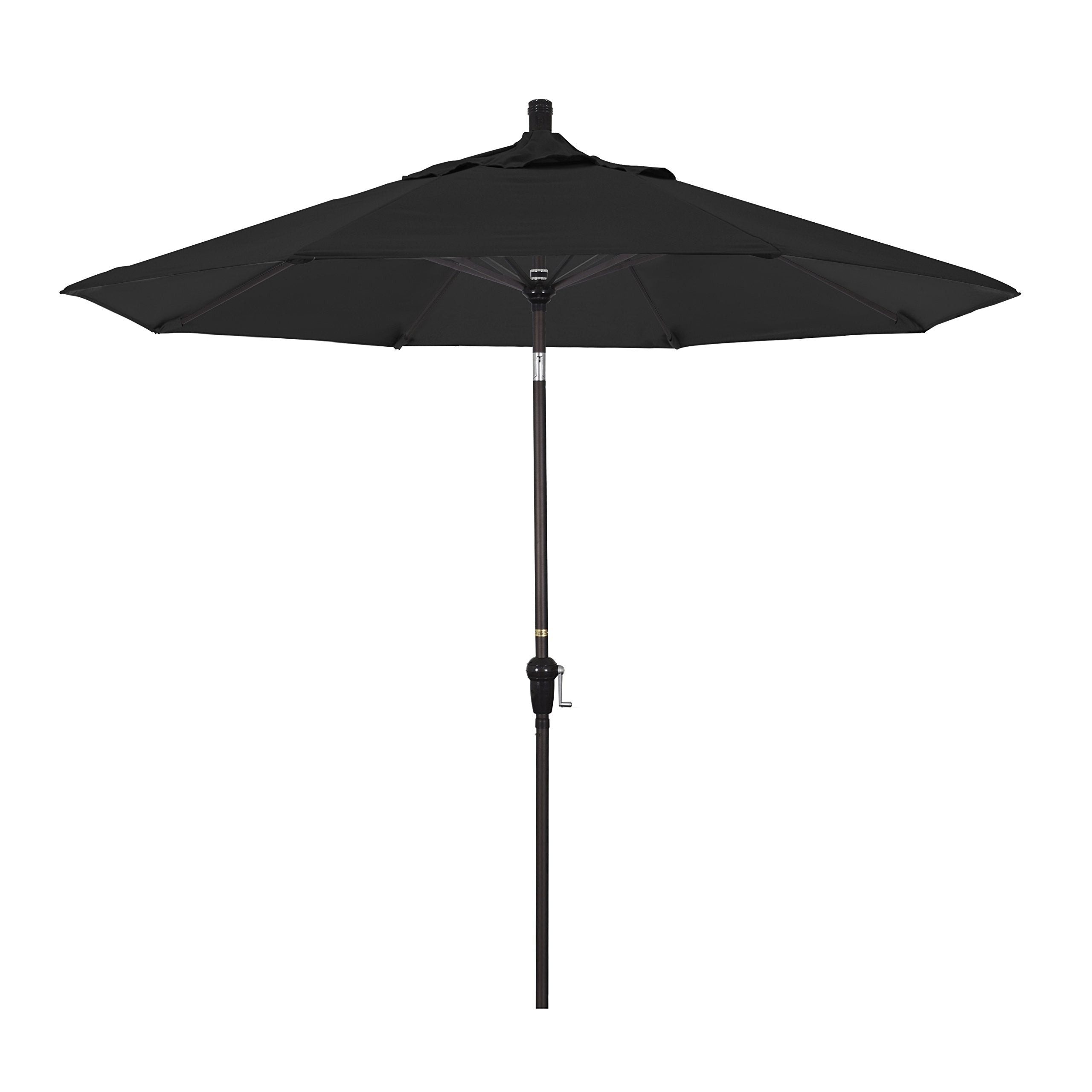 California Umbrella 9' Round Aluminum Market Umbrella, Crank Lift, Auto Tilt, Bronze Pole, Sunbrella Black