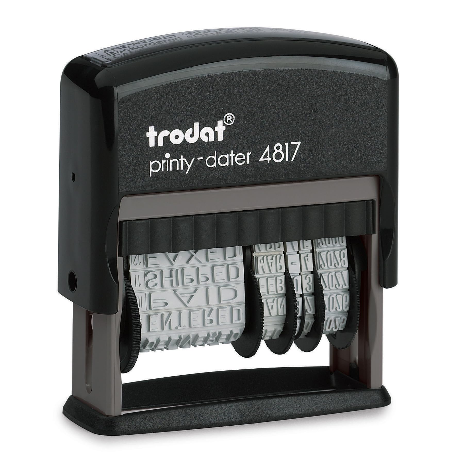 Trodat Printy 4817 Phrase/Date Stamp 12 English Phrases: Paid, Shipped, Received, E-Mailed, And More 12 Year Dates Upto 65-Perce