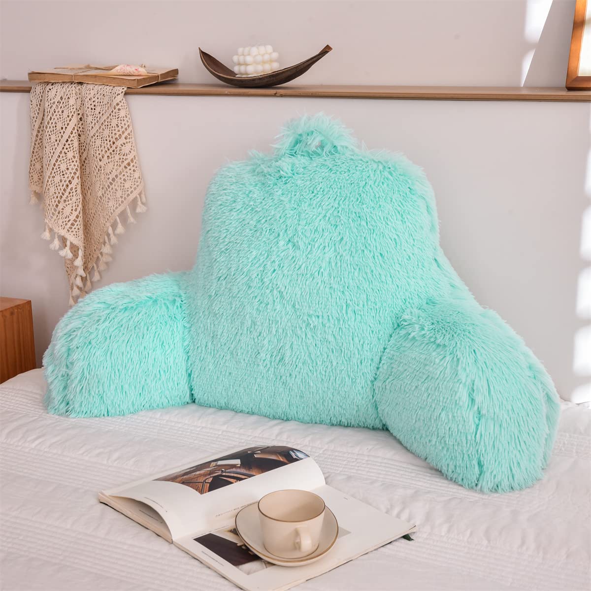 Holawakaka Standard Faux Fur Bed Rest Pillow With Arms,Shaggy Backrest Reading Pillows Perfect For Kids, Teens, Petites, Boys Gi