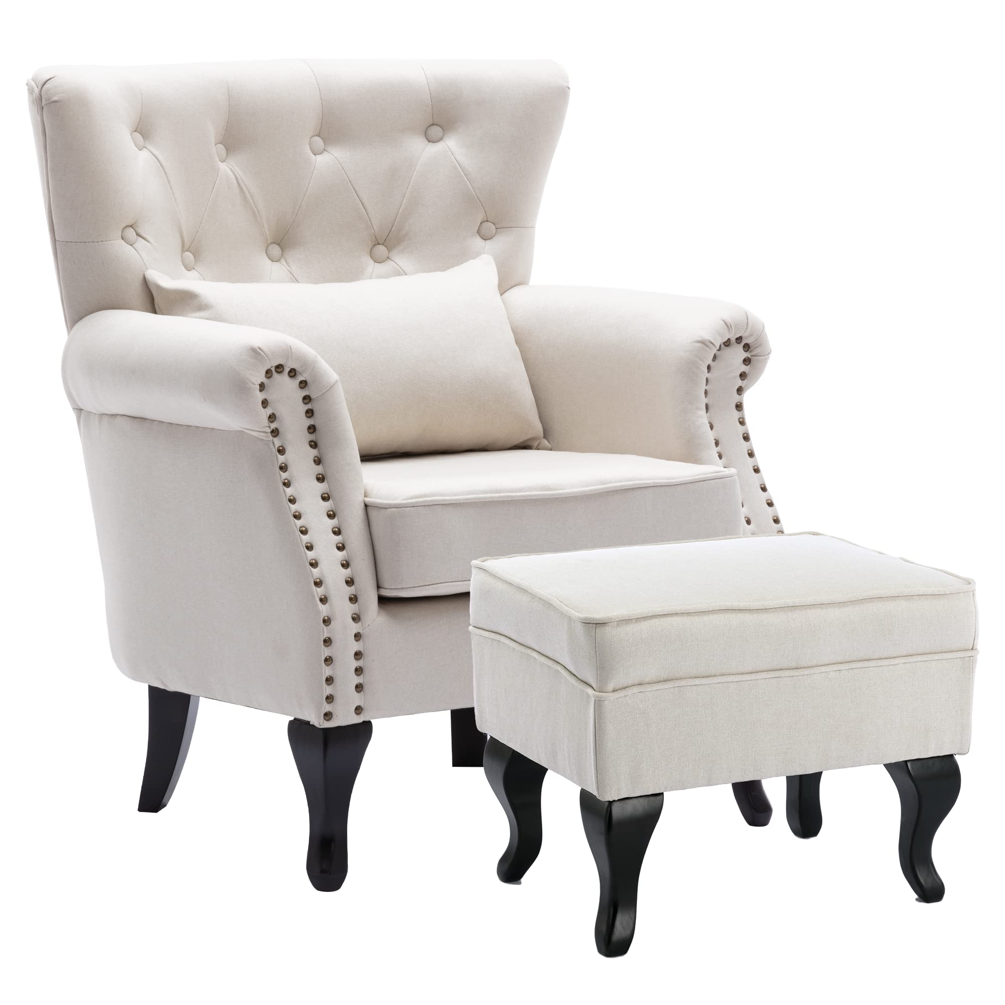 Chairus Mid-Century Modern Accent Chair With Ottoman, Comfy Linen Single Sofa Chair Button Tufted Wingback Armchair With Pillow