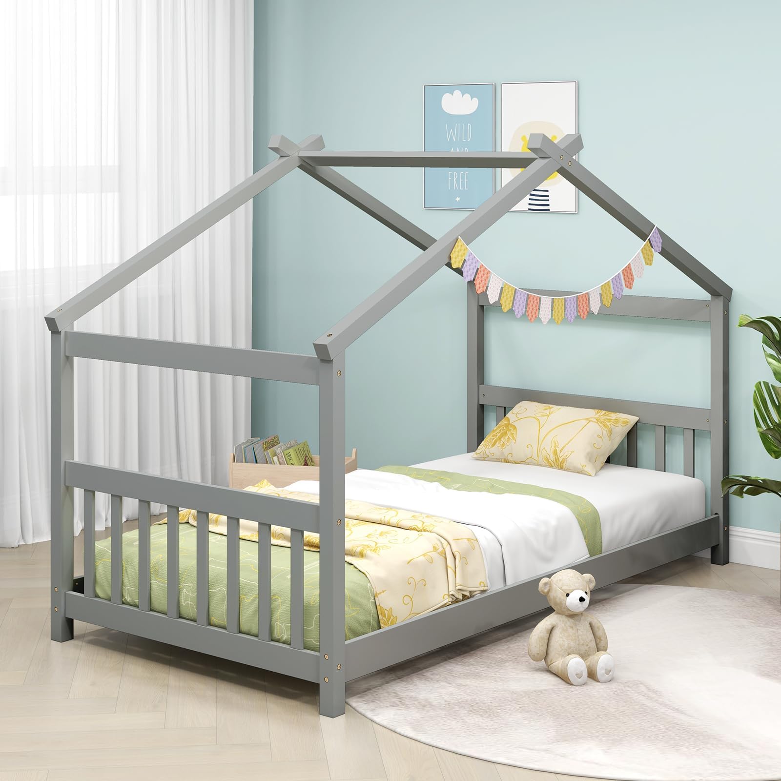 Gorelax Twin Bed Frame, Low Floor Kid House Bed With Roof, Montessori Floor Bed, Headboard & Footboard, No Box Spring Needed, Wood Twin Size Platform Bed Frame For Boys, Girls (Gray)