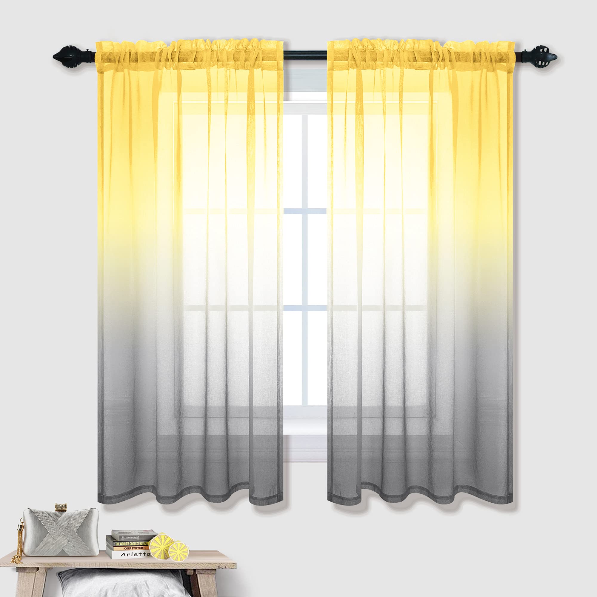 Kitchen Curtains Yellow Lemon And Light Grey Sheer Bathroom Window Curtains 42 X 45 Inch Length Sunflower Yellow And Gray