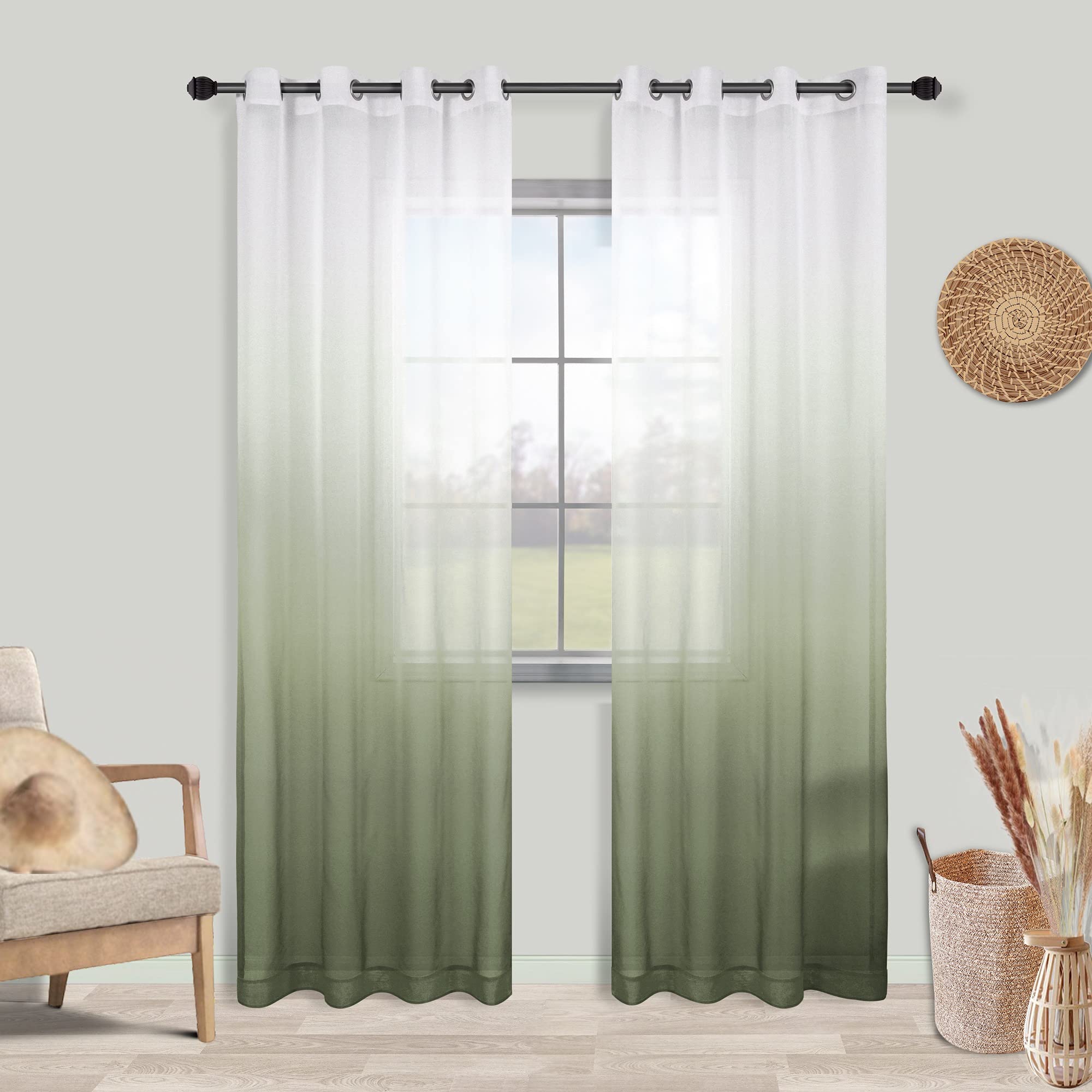 Koufall Sage Green Curtains 84 Inches Long For Bedroom Living Room,White And Light Green Ombre Pattern Boho Sheer Sliding Door C