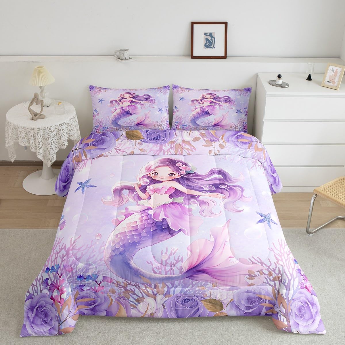 Cute Mermaid Girl Comforter Set Dreamy Undersea Mermaid Bedding Set Cartoon Starfish Sealife Bedding Home Decor Purple Flowers C