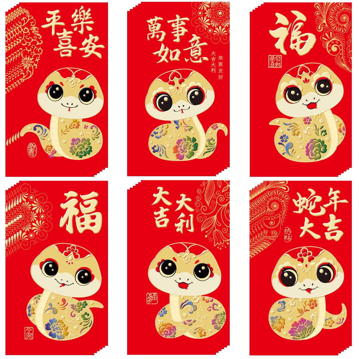 36Pcs Chinese New Year Red Envelopes 2025, Lunar New Year Of Snake Lucky Money Envelopes, Red Envelope Packets Hong Bao With 6 D